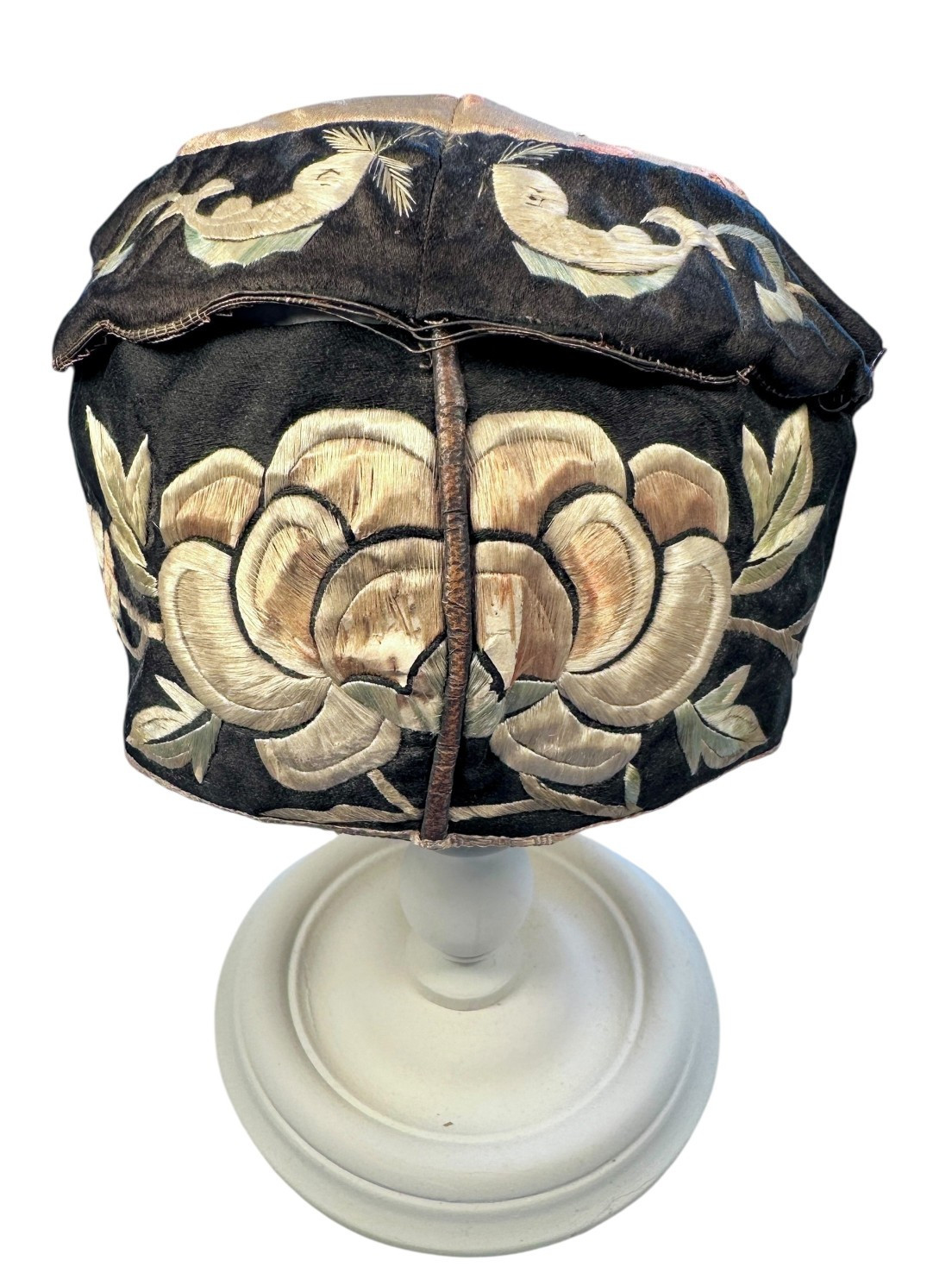 Antique c1890 Chinese Child Silk Hat Qing Dynasty Embroidered Birds Peony