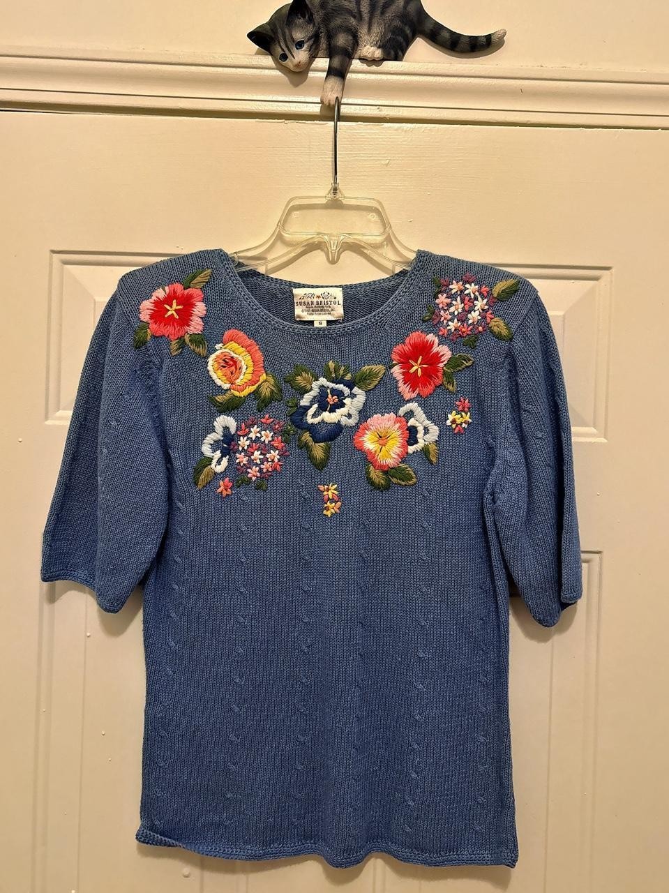 Susan Bristol Light Blue Knit Floral Embroidered Sweater Top Size S
