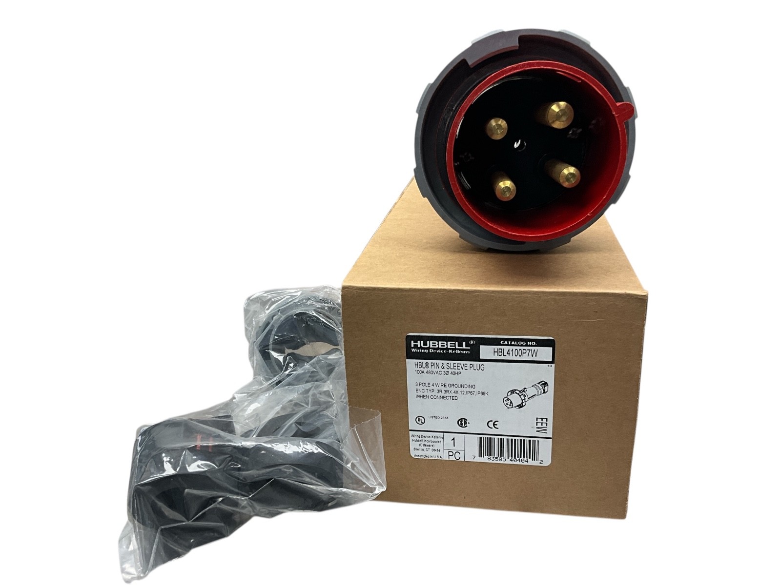 Hubbell Wiring Device-Kellems HBL4100P7W IEC- Pin And Sleeve Connector,100A,480V