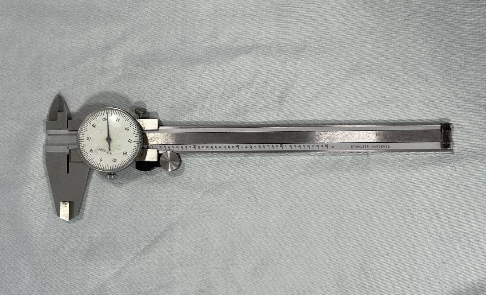Vintage KBC Tools White Face Dial Caliper - Stainless Hardened - 6 Inch - Case