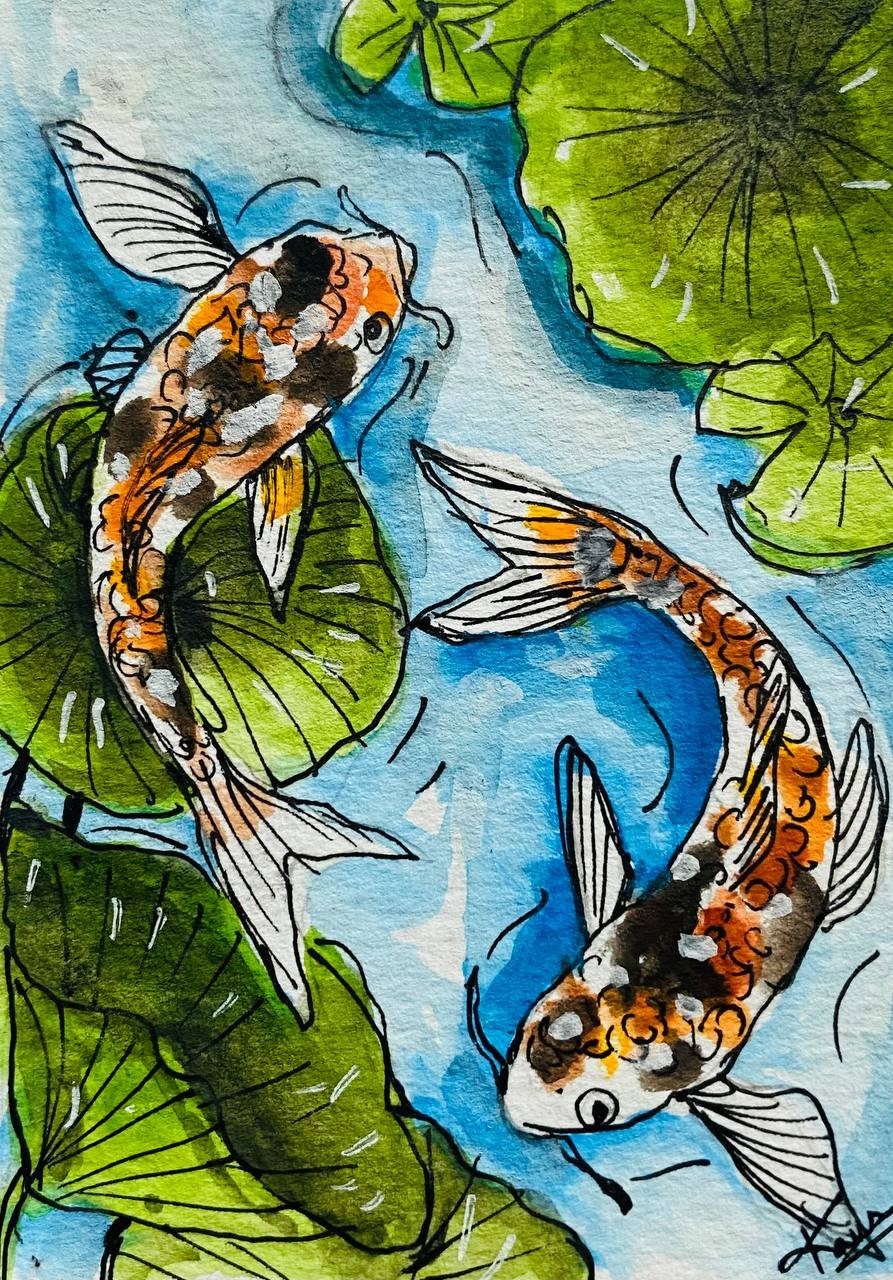 ACEO Original watercolor Painting Koi Fish Lily Pads Pond Nature Zen Water Art