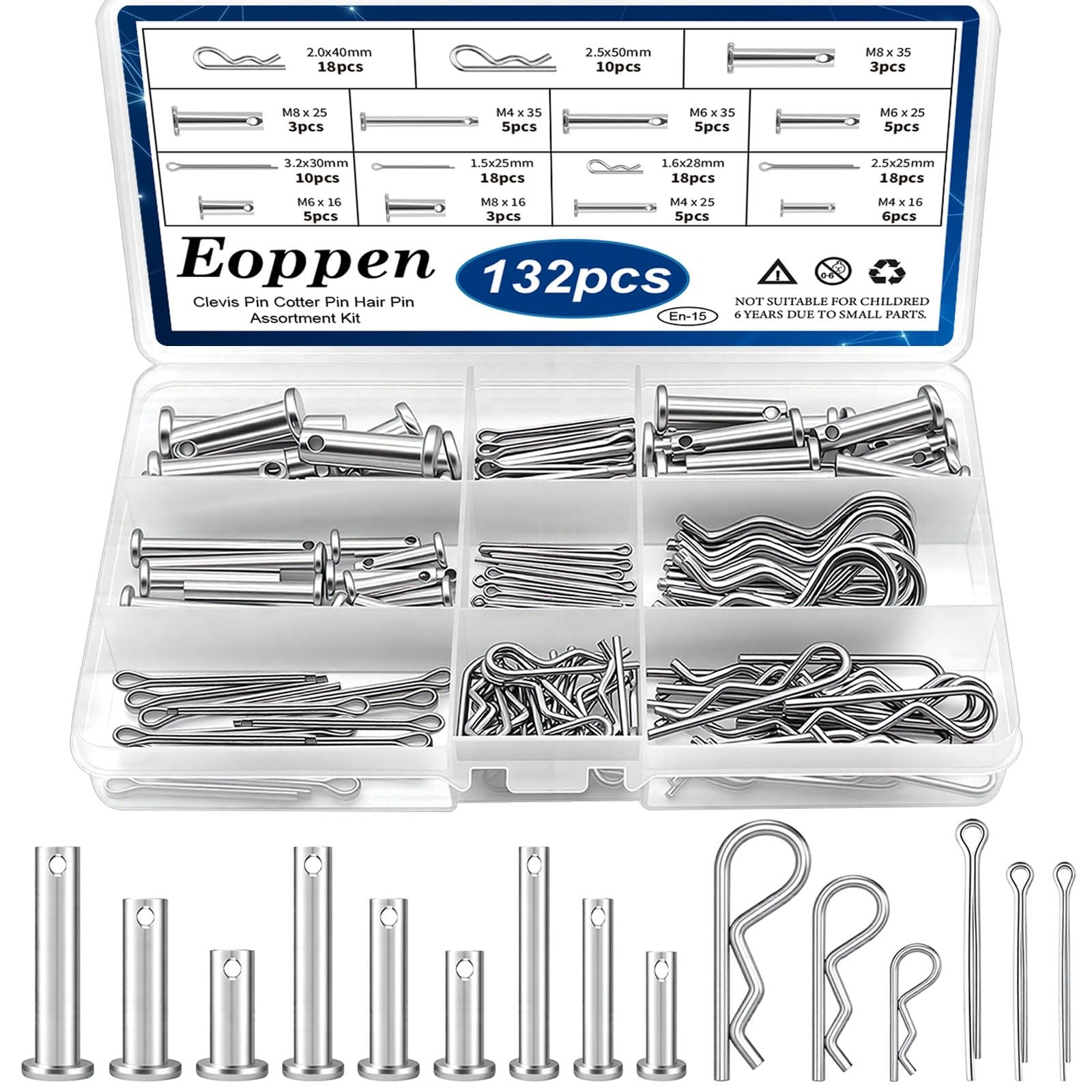 132Pcs Clevis Pin Cotter Pin Hair Pin Assortment Kit 304 Stainless Steel 15 ... 132Pcs Clevis Pin Cotter Pin Hair Pin Assortment Kit 304 Stainless Steel 15 ...