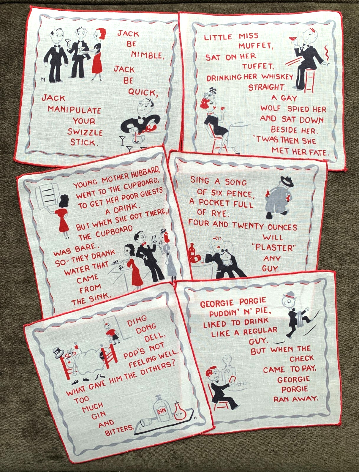 Vintage Cocktail Napkins MCM Humorous Nursery Rhymes Barware Signed M Set of 6