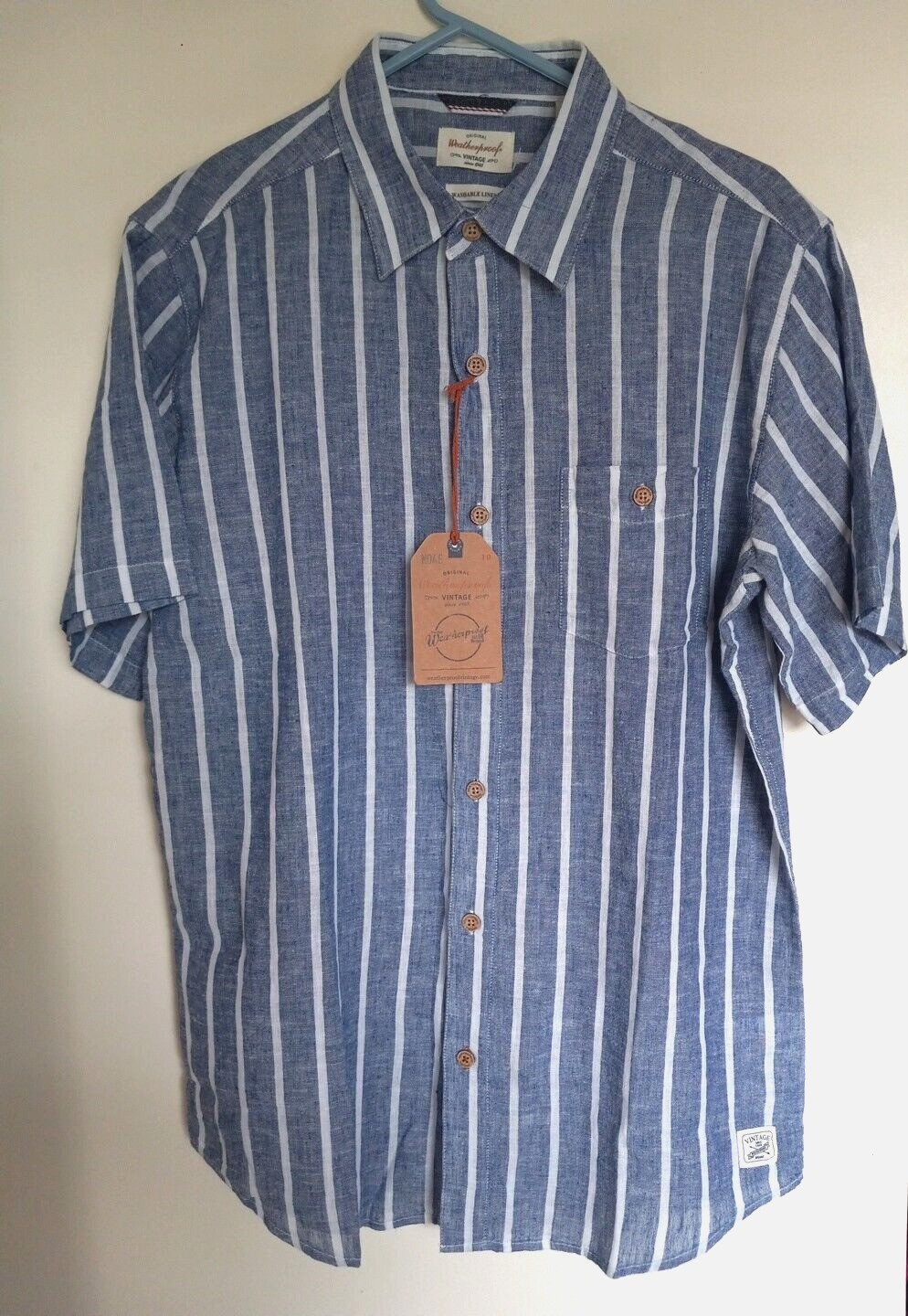NWT Original Weatherproof Vintage Men\'s Washable Linen Blue Stripe Shirt M NEW