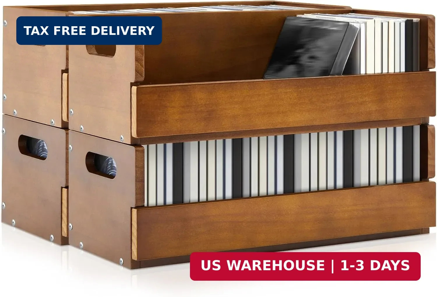 CroBlissful 4 Set Wooden CD Storage Box,Holds 144 CDs(36 Each),Stackable CD Hold