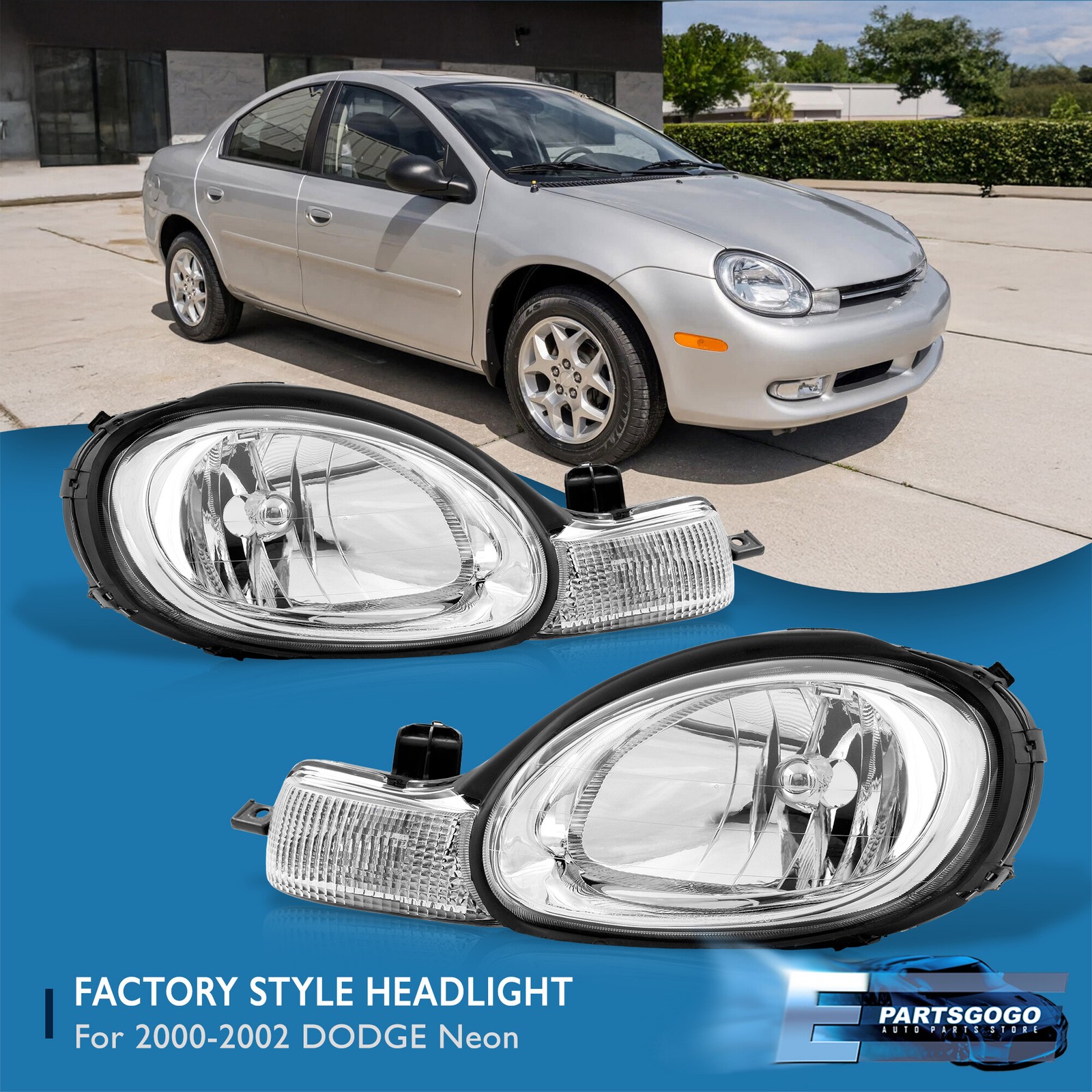 For 00-02 Dodge Neon / 00-01 Plymouth Neon Clear Headlights Lamp Left+Right Pair