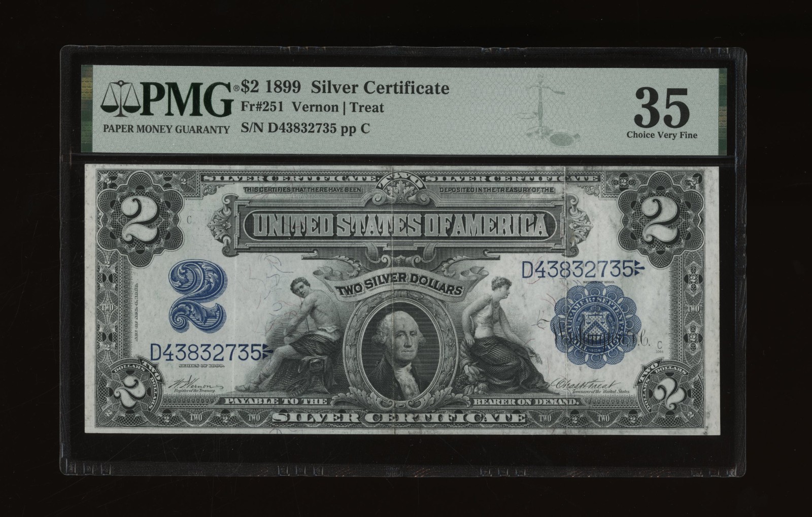 DBR 1899 $2 Silver Cert Porthole Fr. 251 PMG 35 Serial D43832735 DBR 1899 $2 Silver Cert Porthole Fr. 251 PMG 35 Serial D43832735