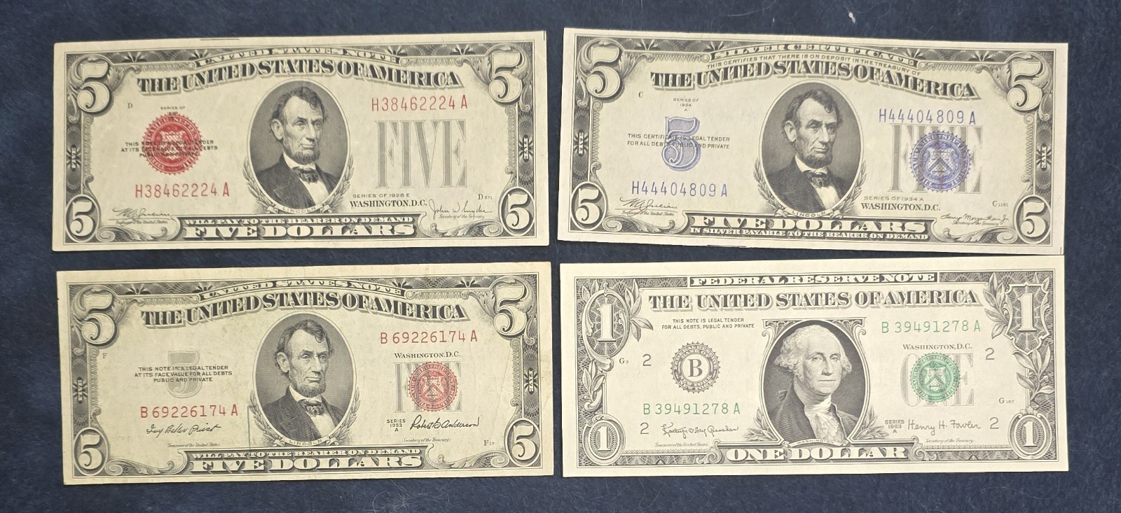 Vintage US Currency Estate Lot of 4 - 1934A UNC Silver Cert, 1928E Red Seal,...