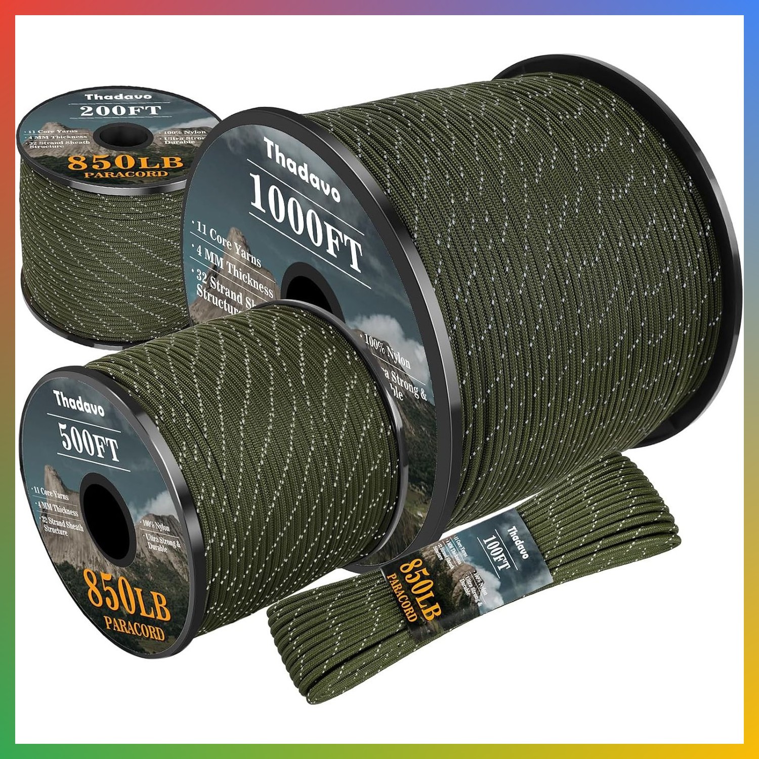 Reflective Paracord Rope 850lb 4mm 11 Strand for Camping Survival Army Green 200