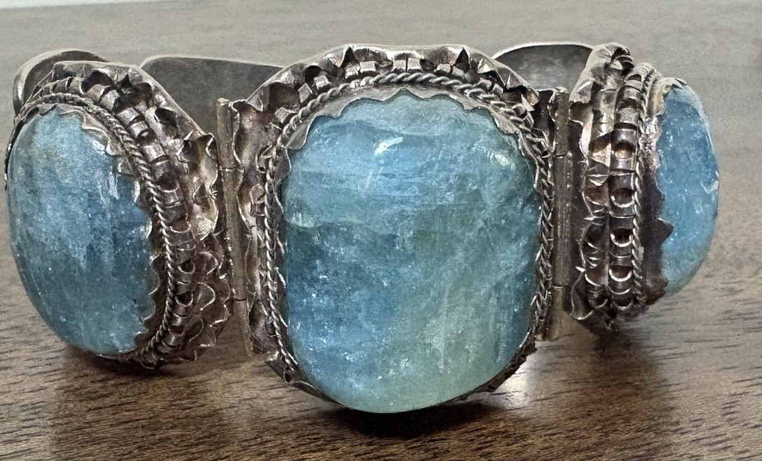 RARE Estate Antique China Silver No23 Wide Bracelet Aquamarine  Sterling OOAK