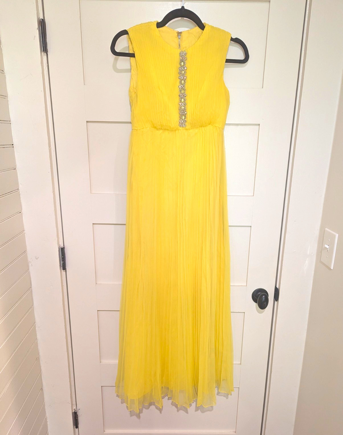 Vintage 1960s Neon Yellow Sleeveless Pleated Chiffon Jeweled Maxi Dress Formal Vintage 1960s Neon Yellow Sleeveless Pleated Chiffon Jeweled Maxi Dress Formal
