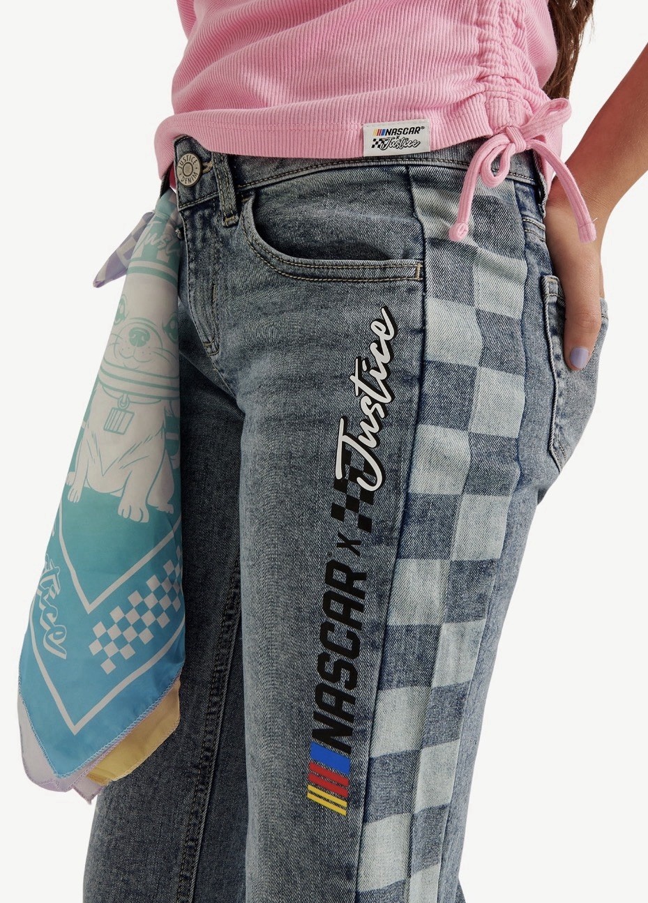 Girls Justice X NASCAR side Check Denim W/ Bandana Light Wash Jeans Size 7