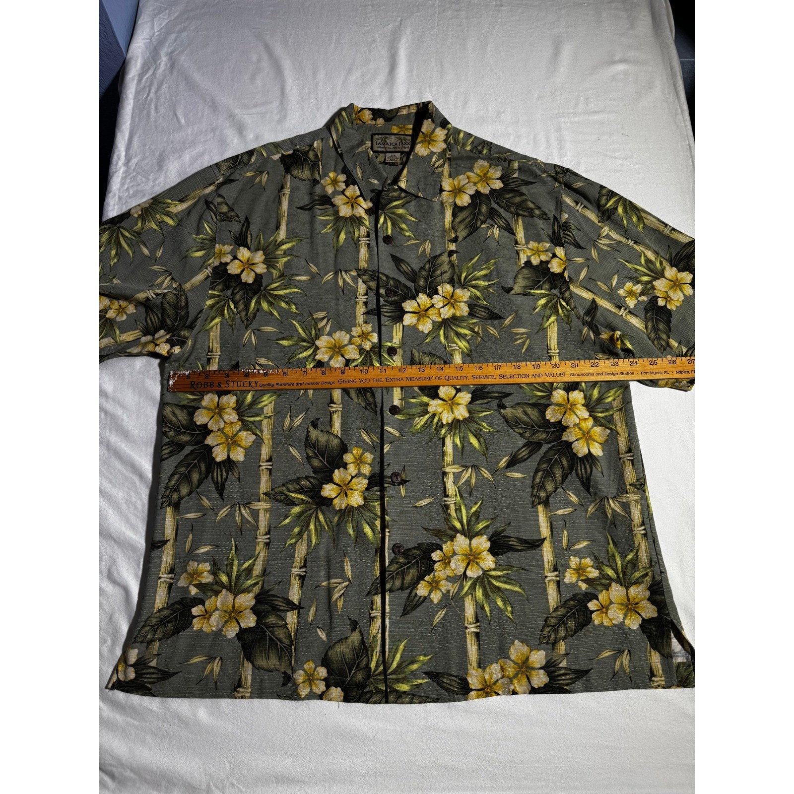 Jamaica Jaxx Mens Large Silk Hawaiian Shirt Bamboo Floral Sage Green Tropical