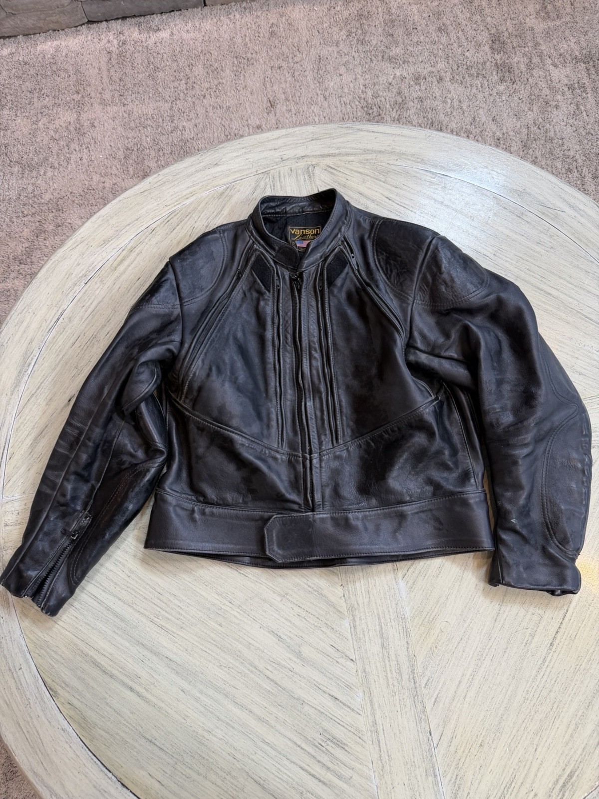 Vintage Vanson Leather Motorcycle Jacket Sz 46 made in USA super heavy leather