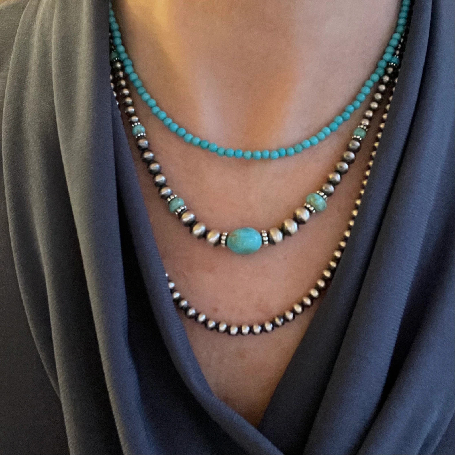 Graduated Blue Kingman Turquoise & Sterling Silver Navajo Pearl Beaded Necklace