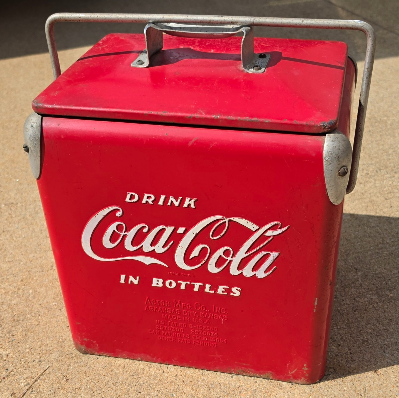 Vintage 1950s Coca-Cola Action Mfg Metal Cooler w/ 5¢ Bottle Carrier Coke