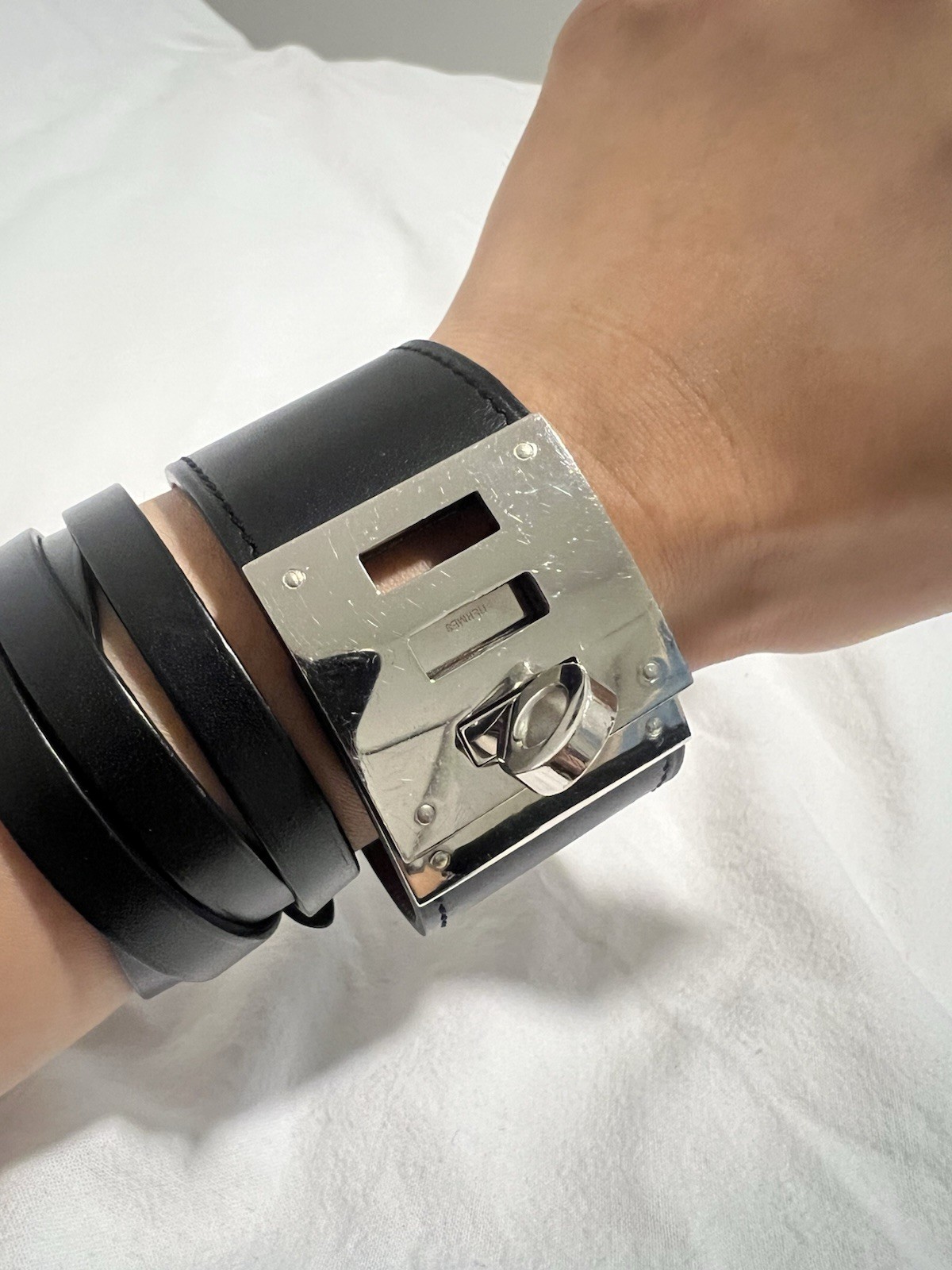 Hermès Kelly Dog Black Leather Cuff Bracelet Silver Hardware Authentic XS-Small