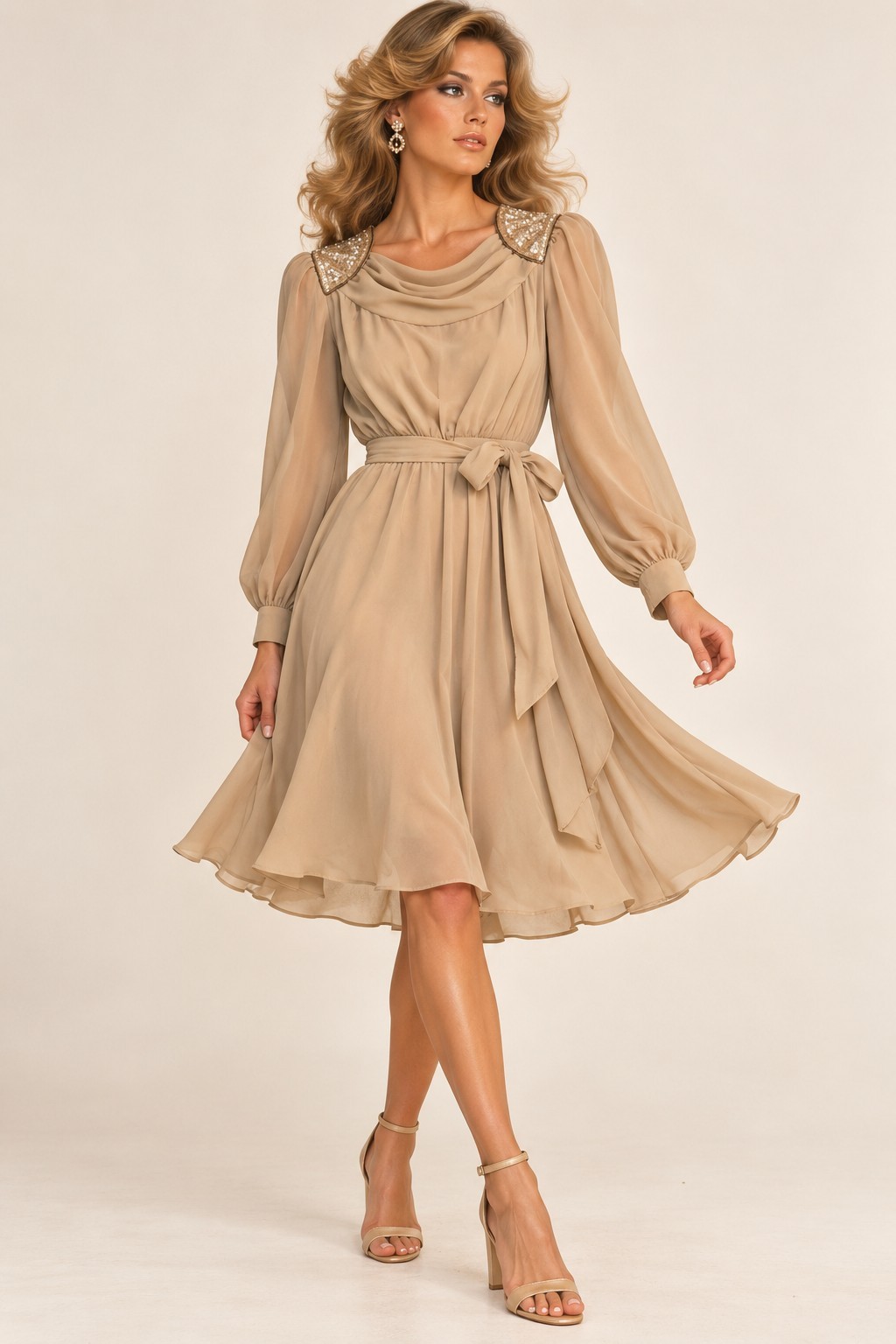 Vintage 70s Beige Chiffon Dress Sequin Shoulder Glam Disco Party Midi USA Sz S