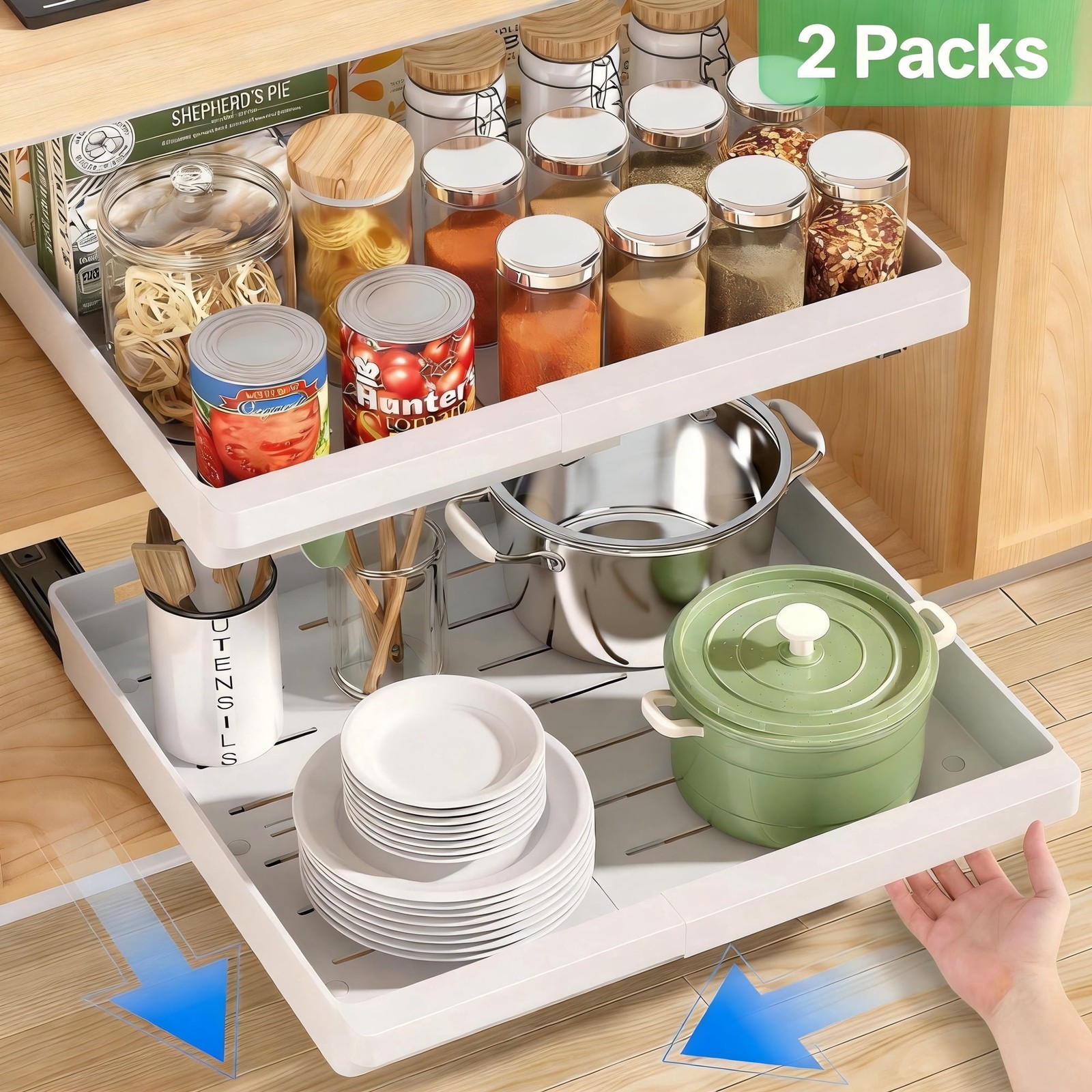 2 Pack Expandable Pull Out Cabinet Organizer, AOKIWO Slide Out Drawers with Adhe