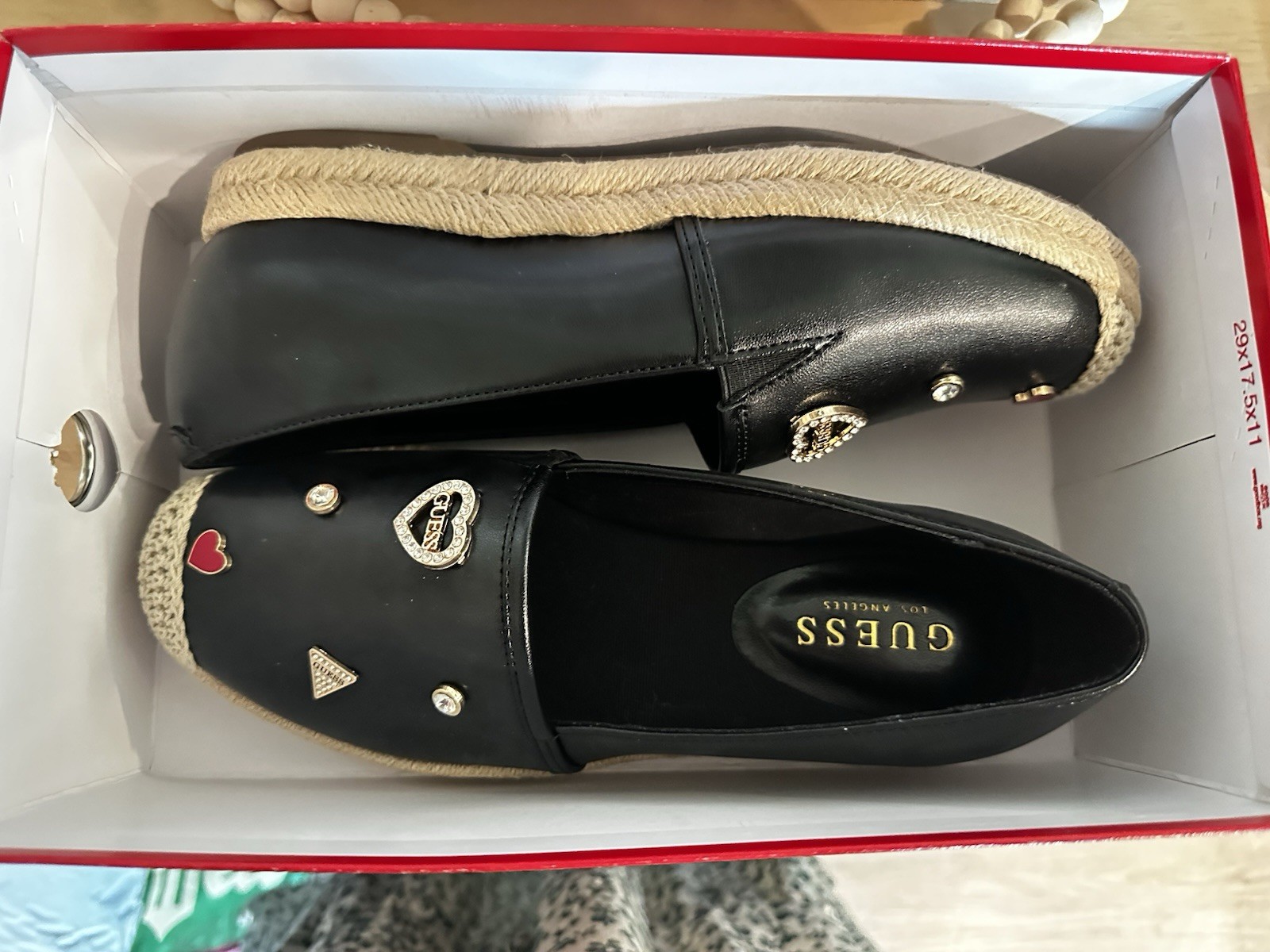 GUESS Women’s Black Slip-On Espadrille Flats Faux Leather Rhinestone Heart 7.5M