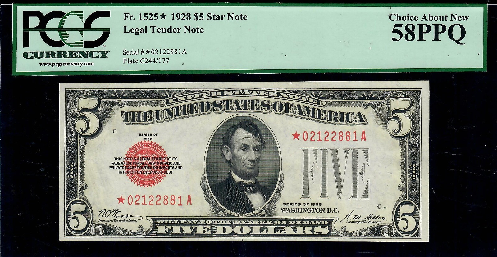 1928C $5 Legal Tender Fr. 1525*  Star Note  PCGS 58 PPQ About UNC