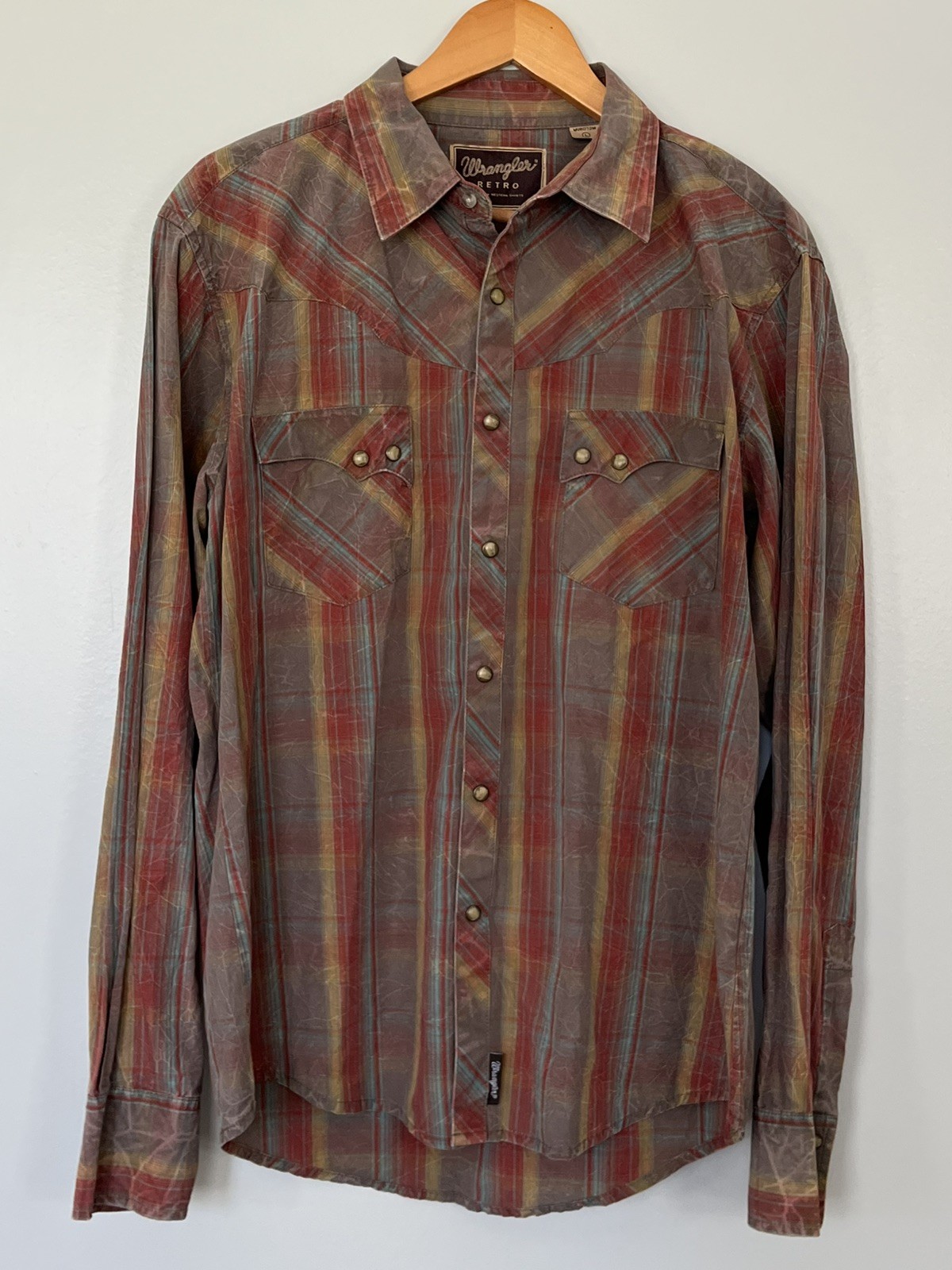 Wrangler Retro Men’s L Rust Plaid Western Pearl Snap Shirt Long Sleeve Cotton