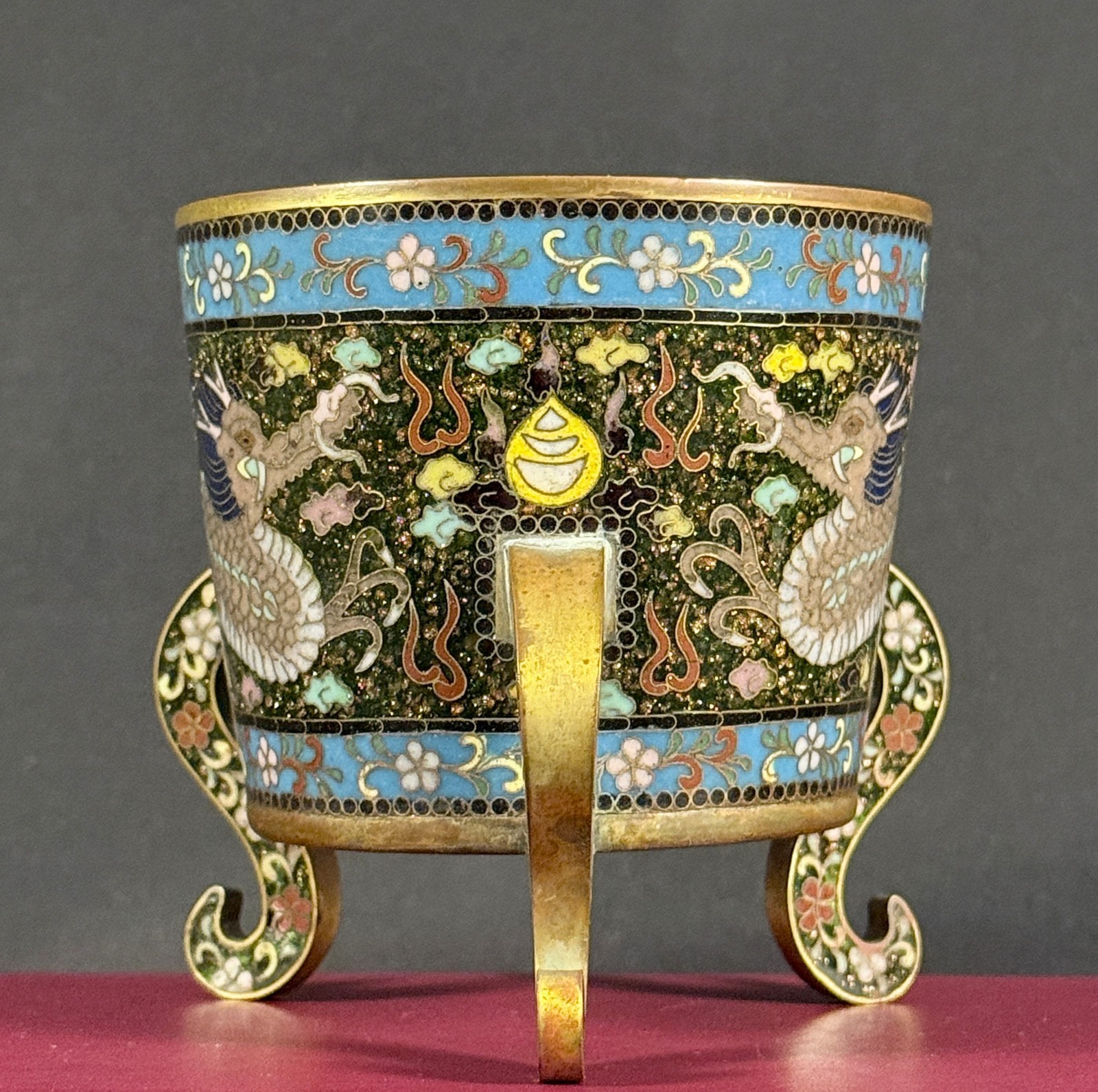 Antique Japanese Meiji Fine-Wire Cloisonné Dragon Tripod Vessel 4”