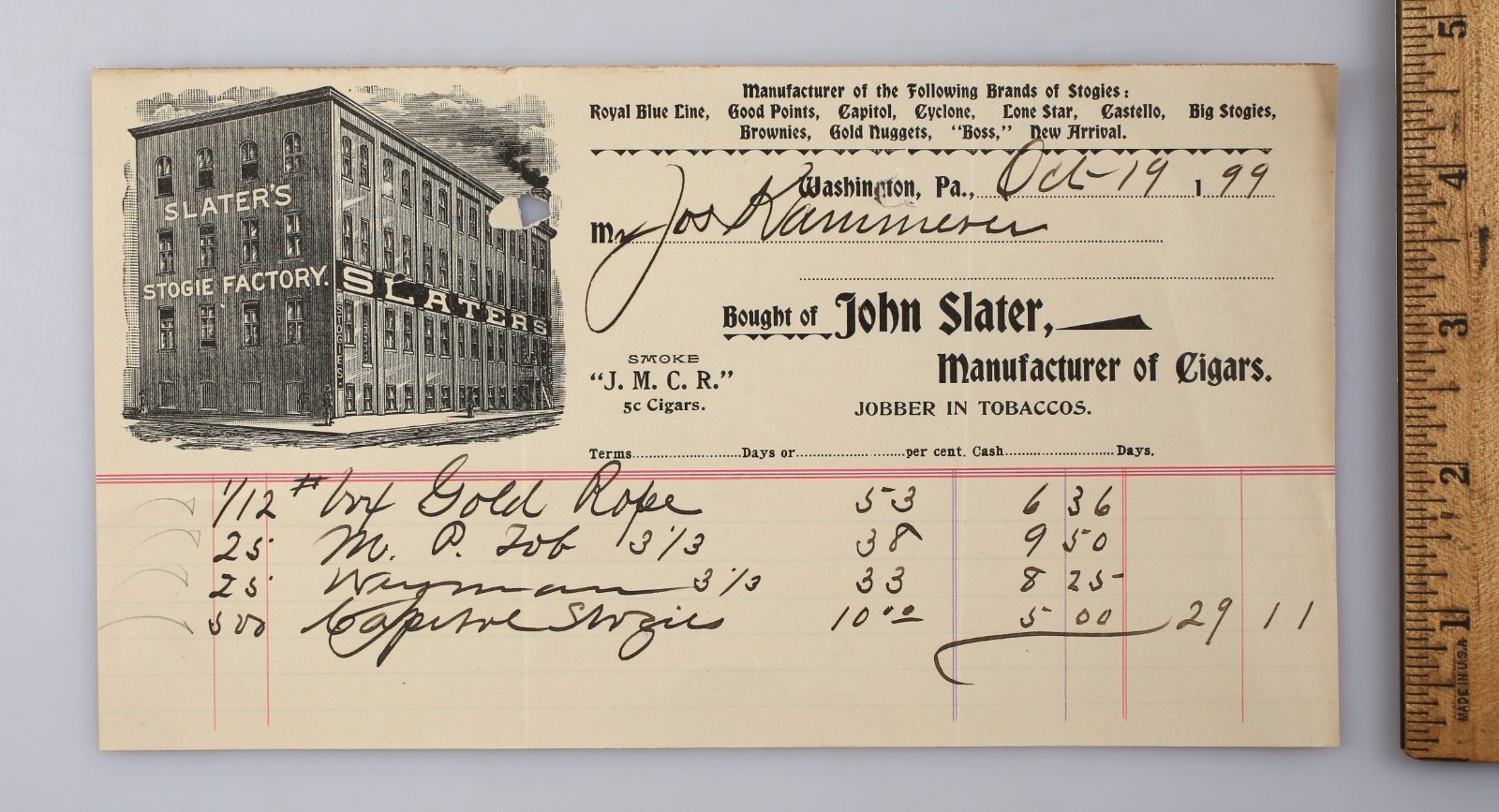 Vintage Paper 1899 Receipt John Slater Stogie Factory Cigar Maker Washington PA