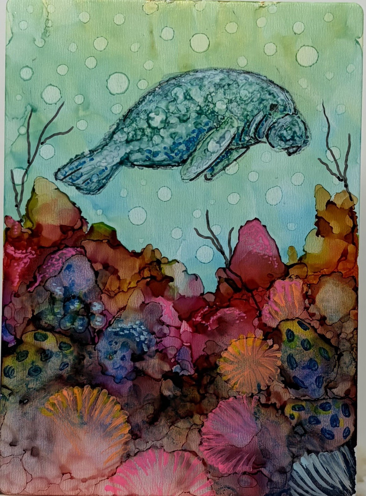 Original ACEO Manate Ocean Art OOAK Mixed Median Painting Sea Life