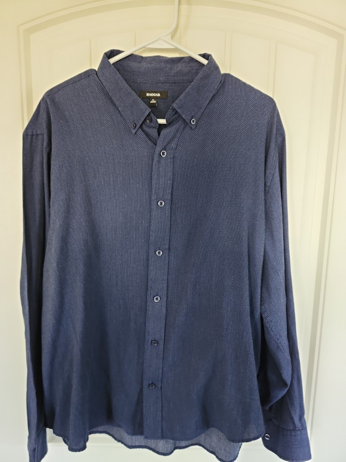 Haggar Mens XL Blue White Dotted Button Down Long Sleeve Dress Shirt