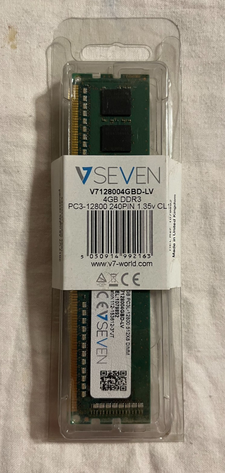 V7 VSeven V7128004GBD-LV 4GB DDR3 PC3-12800U 240 pin 1.35v CL11  Computer Memory