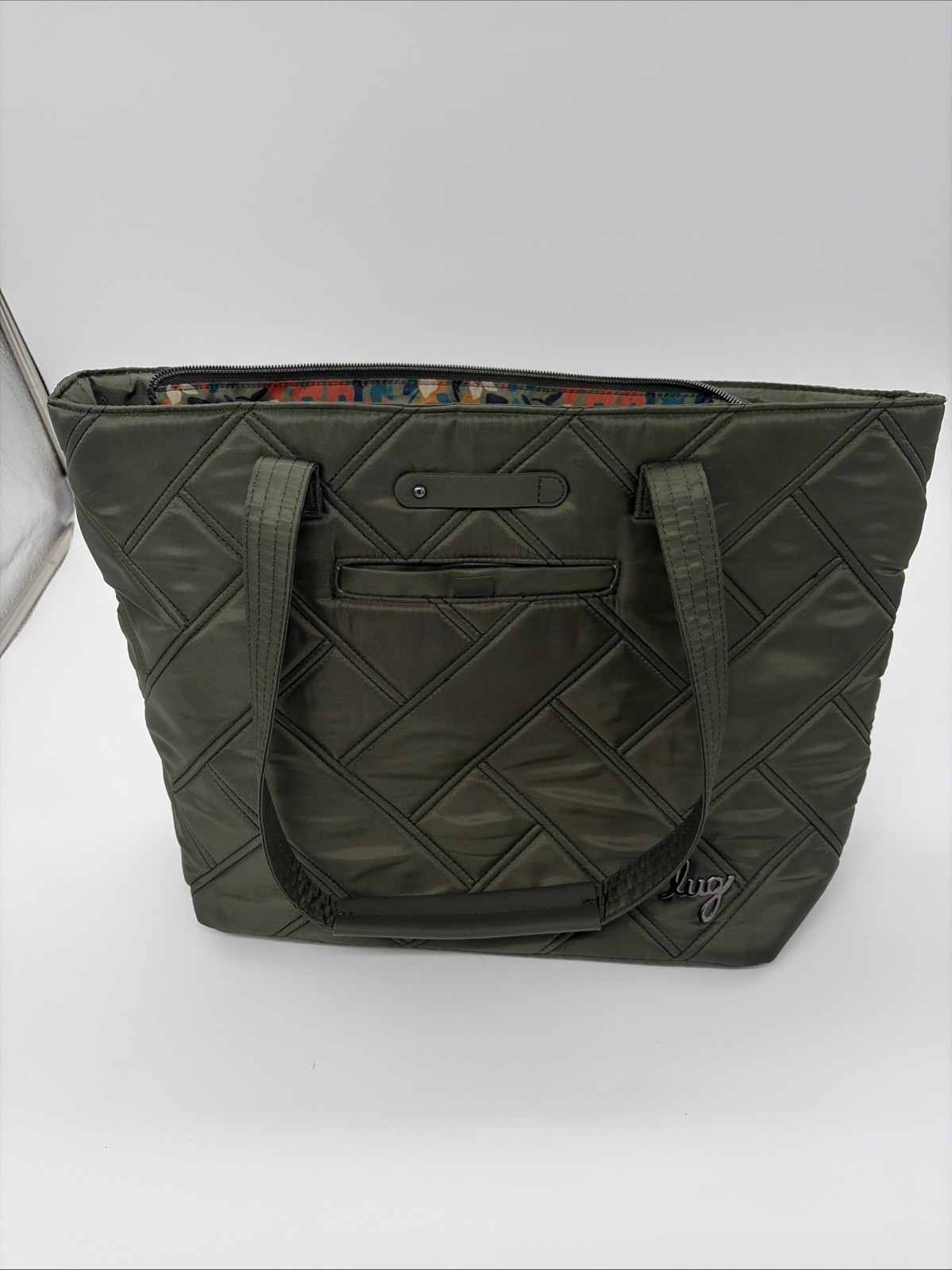 Lug Skyliner Quilted Tote Bag Olive Green Wildflower Multi Lining Travel Purse