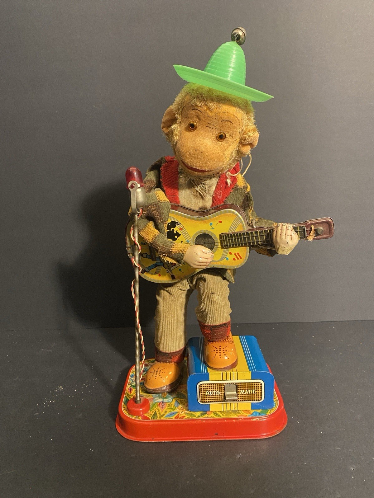 Vintage Rare ALPS Monkey Playing Guitar With Microphone Tin Litho Toy Clean