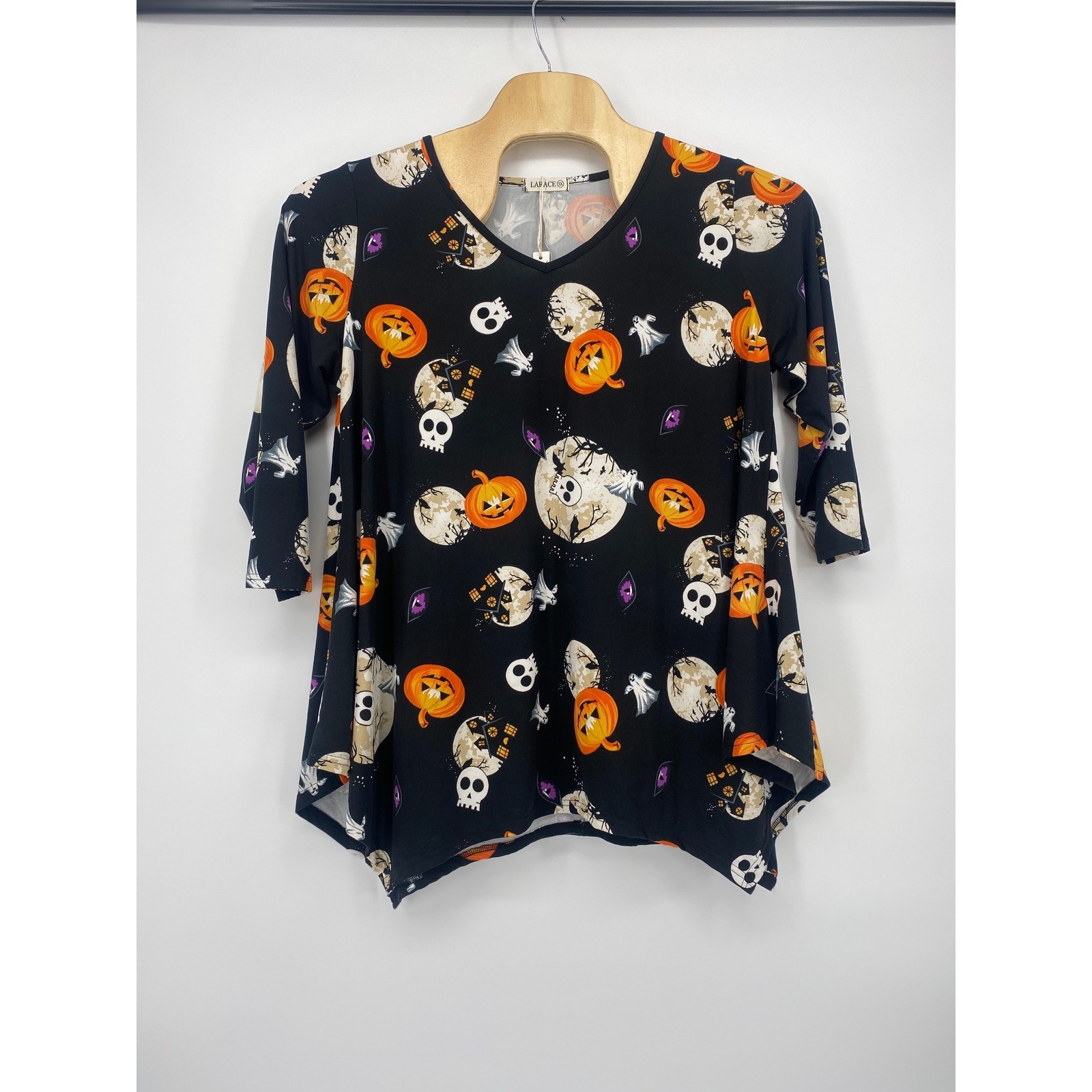 LARACE Halloween Pumpkin Ghost Skull Tunic Top Women 3X Black 3/4 Sleeve Swing