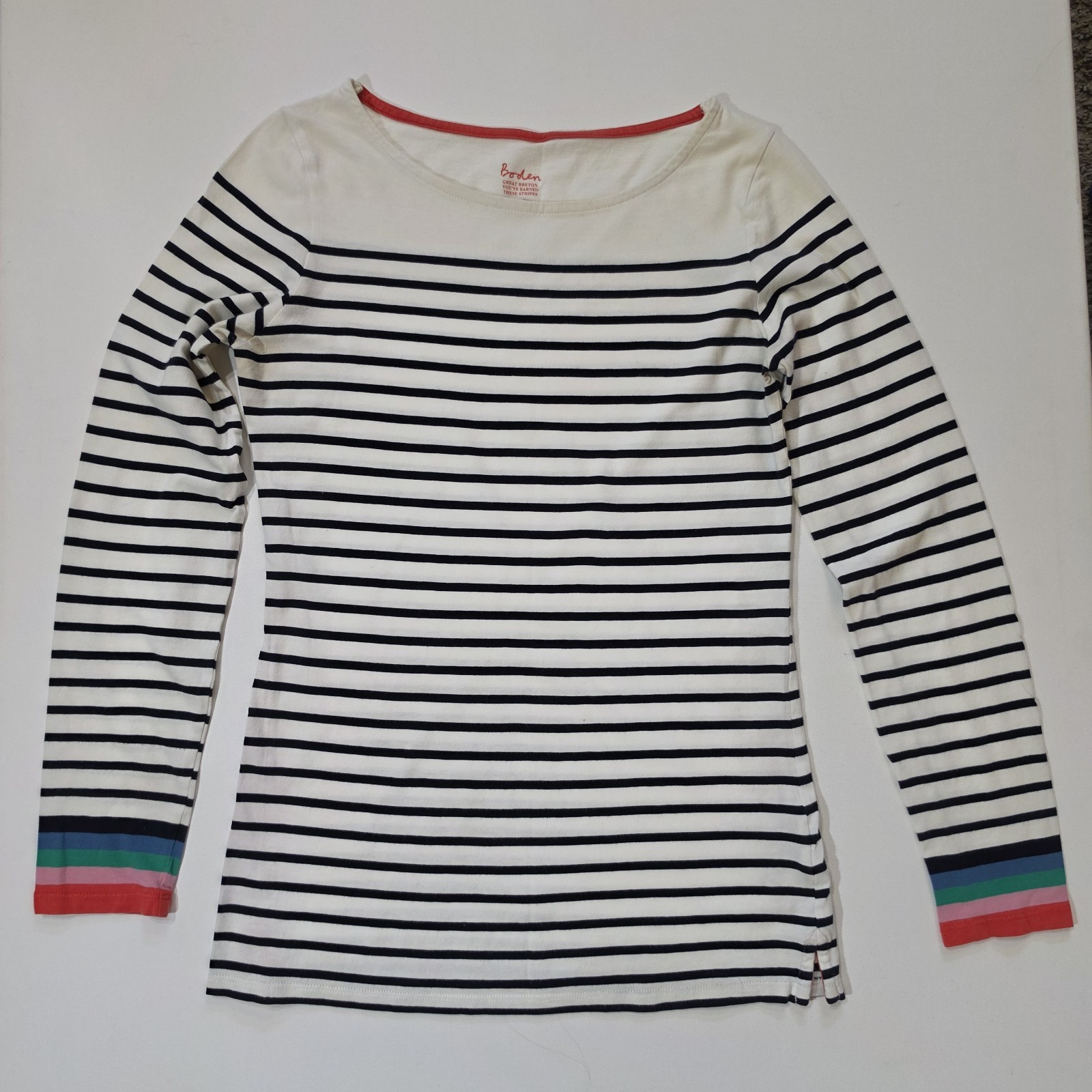 Boden Breton Long Sleeve T-Shirt Womens 2 Black White Stripe Multicolor Cuff