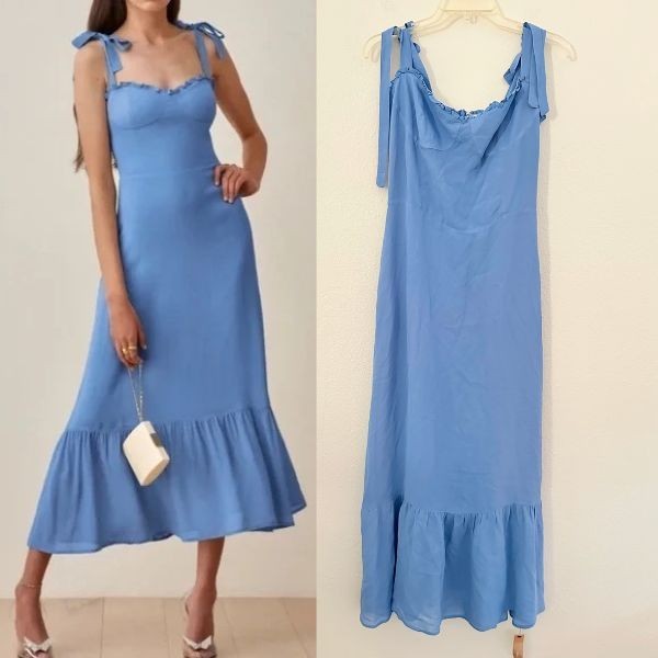 NWT Reformation Nikita Midi Dress Azure Blue Wedding Guest Smocking Women\'s 10