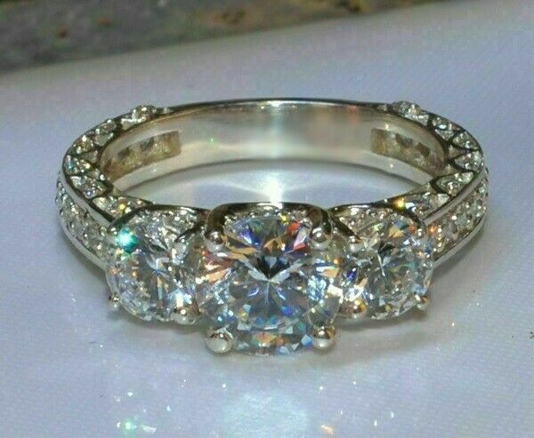 2.90Ct Round Cut Three Diamond Engagement Ring Solid 14k White Gold in Size 8.5