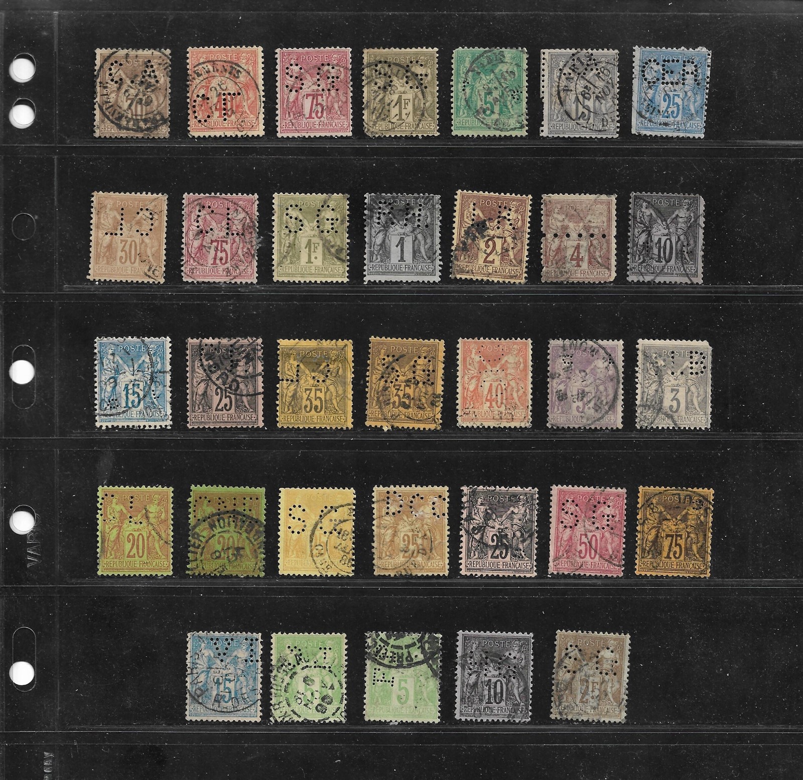 France Stamps w/Perfins; 1876-1900 Sage Definitives #73//108; 33 Different