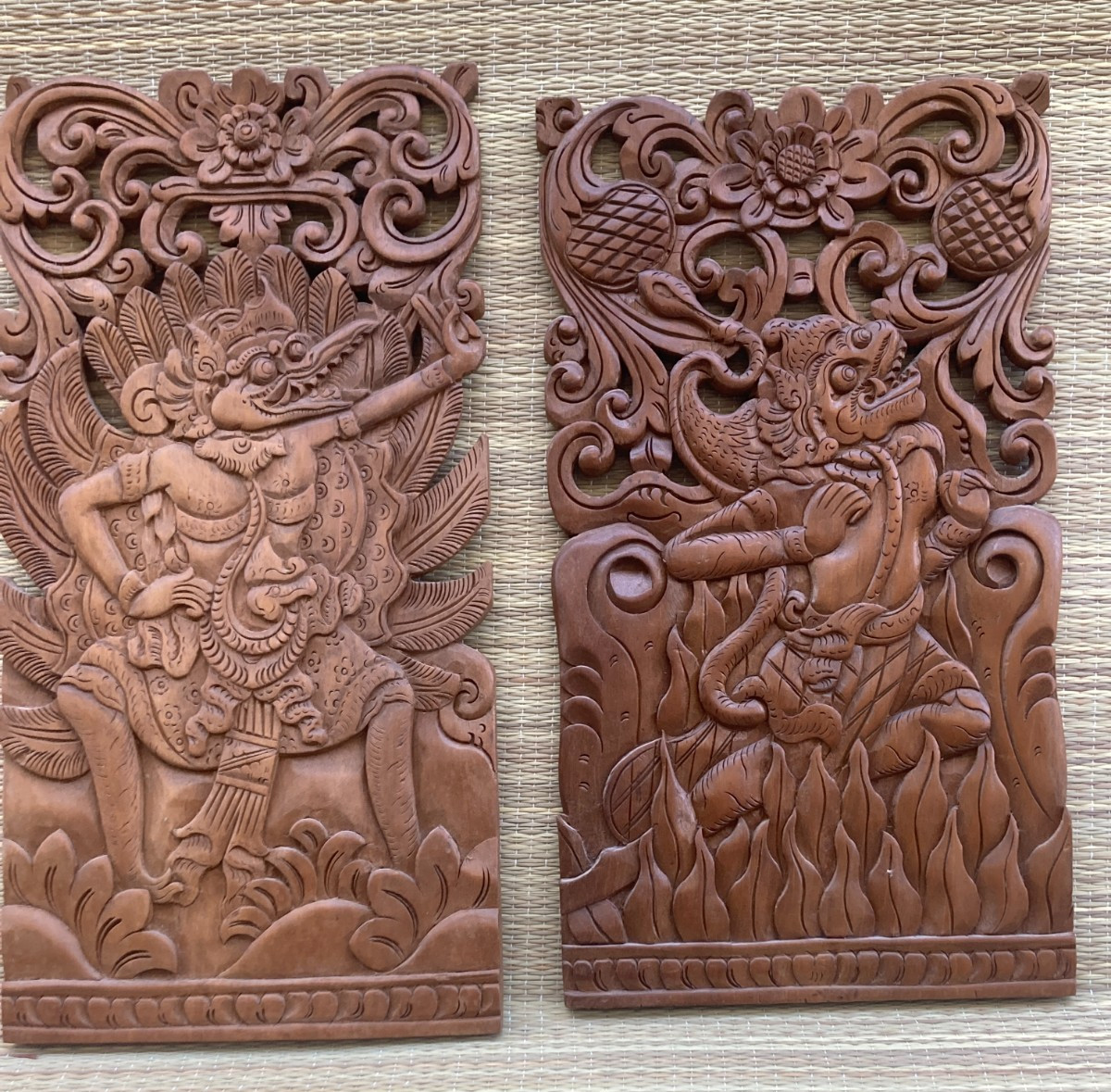 Pair Vintage BALINESE RAMA & SITA High Relief Intricate Wall Art Teak Wood Pair Vintage BALINESE RAMA & SITA High Relief Intricate Wall Art Teak Wood