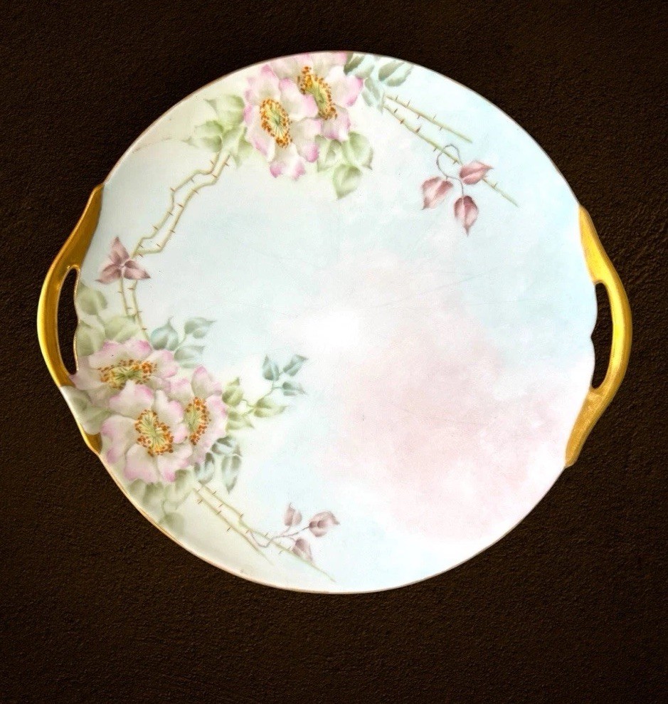 Antique D&C France Hand Painted Wild Rose Plate Pastel Gold Gilt Handle Trim 10 Antique D&C France Hand Painted Wild Rose Plate Pastel Gold Gilt Handle Trim 10