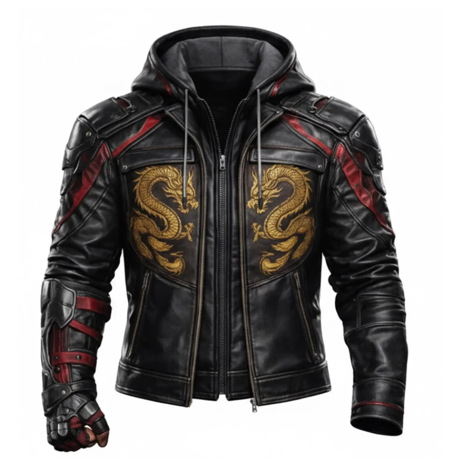 Men’s Handmade Black Leather Dragon Bomber Jacket Embroidered Tactical Techwear