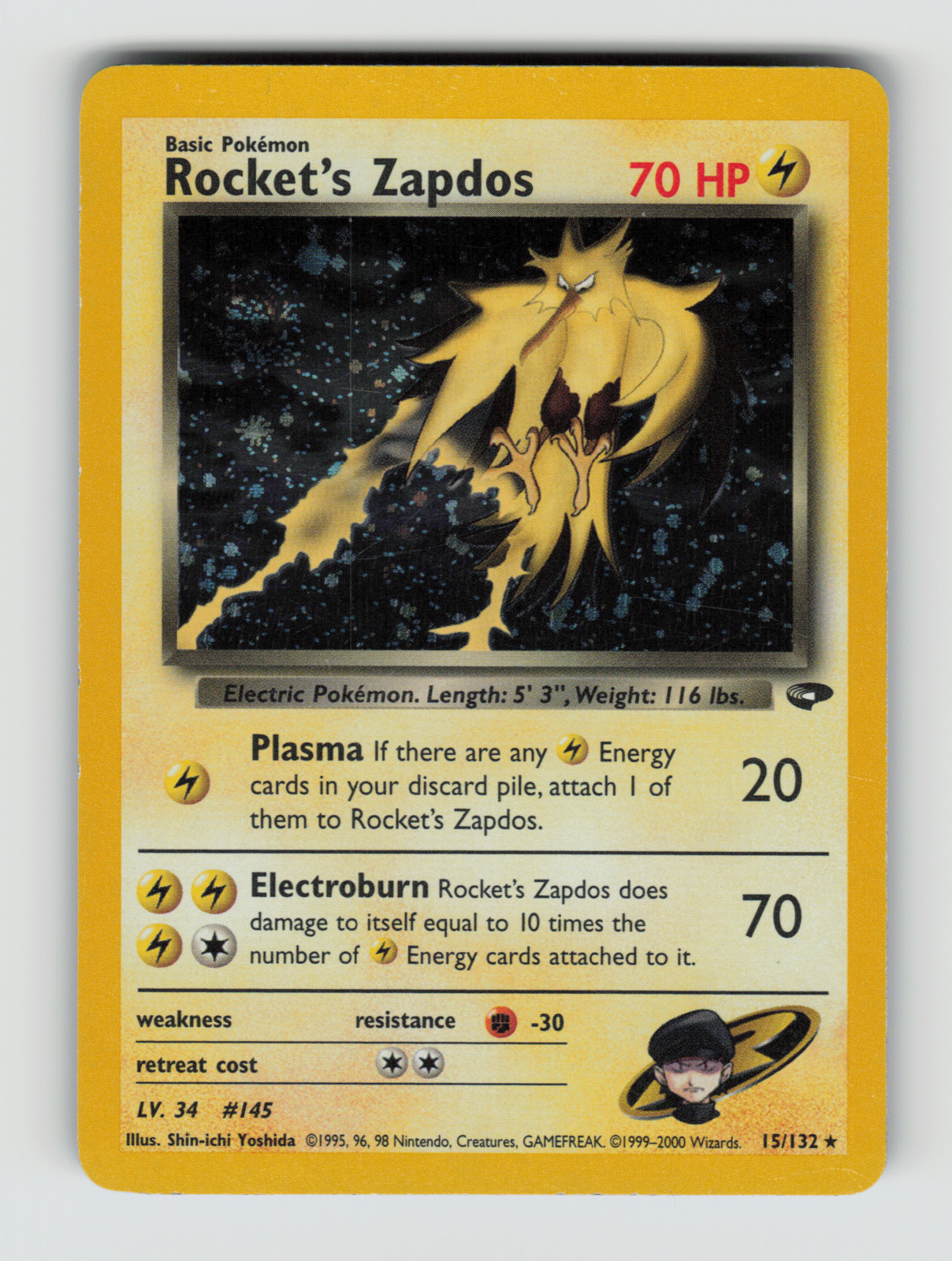 Gym Challenge 015/132 Rocket\'s Zapdos Unlimited Holo Rare LP * SWIRL *