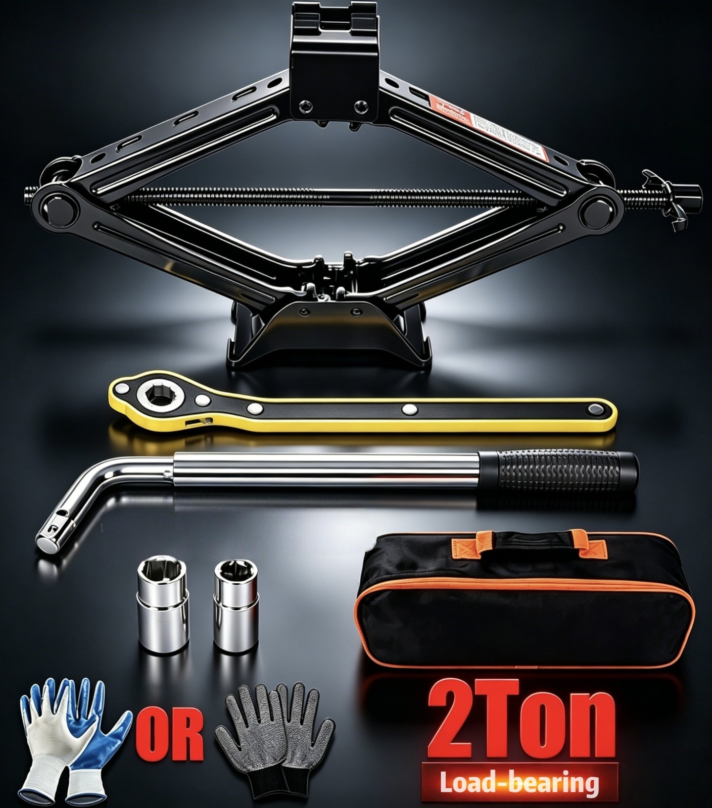 2 Ton Scissor Jack Handle Crank Wheel Lug Wrench Tool Kit Car Garage Tire