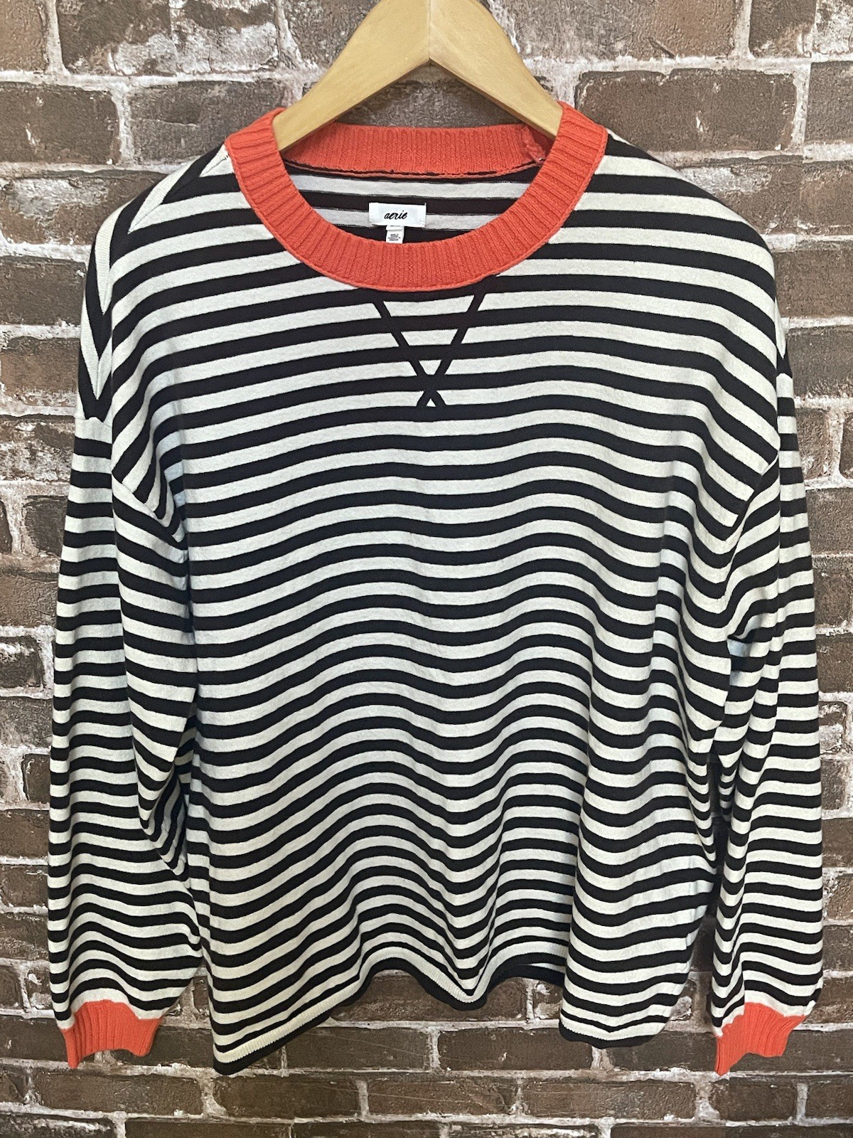 NWT AERIE SUNDAY SOFT CREW SWEATER DEEP EARTH WOMEN\'S MEDIUM OVERSIZED STRIPED