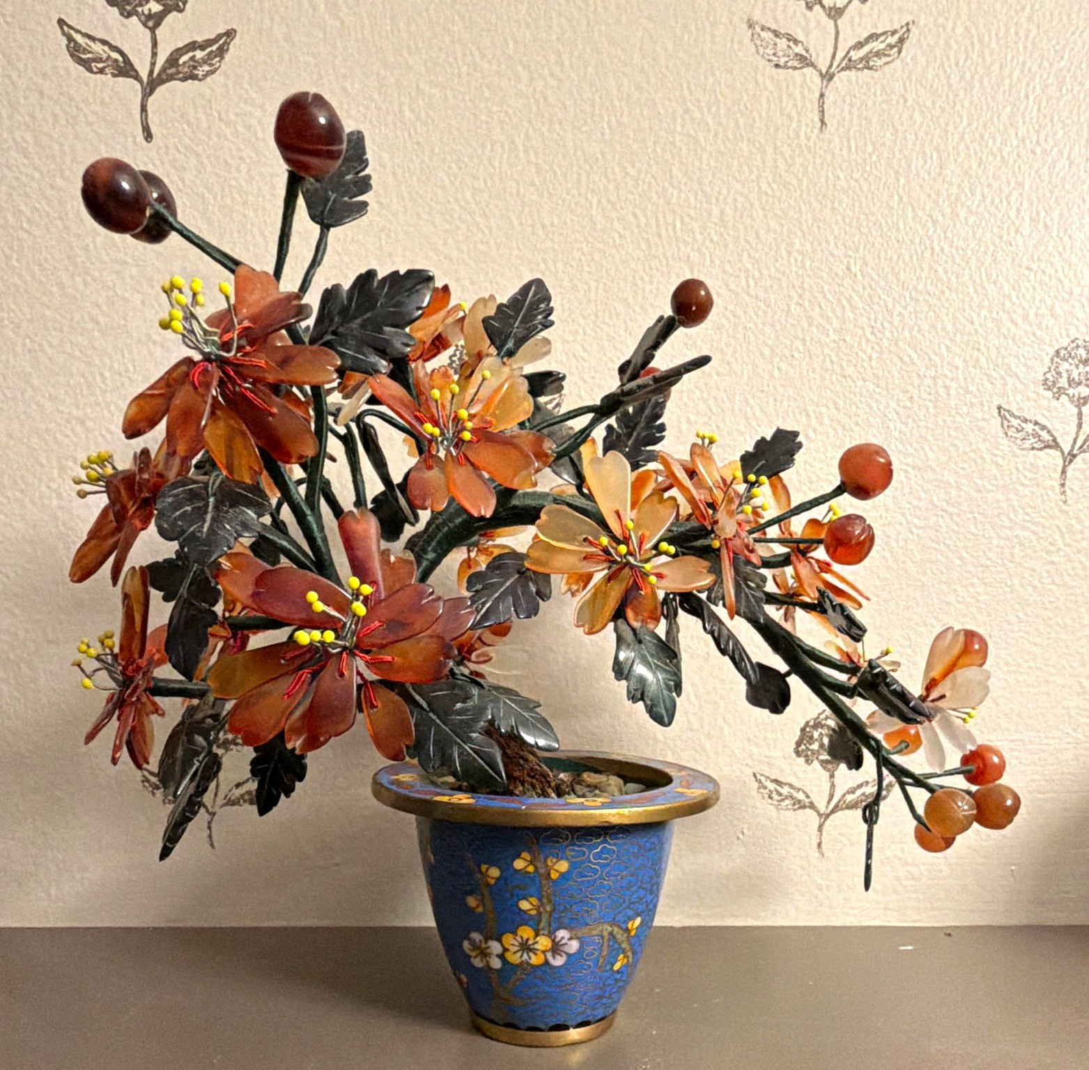 Vintage Chinese Hardstone Jade Bonsi Tree in Blue Corisonne Planter Vintage Chinese Hardstone Jade Bonsi Tree in Blue Corisonne Planter