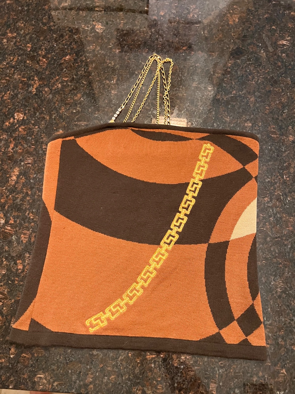 Rare Vintage VERSACE JEANS COUTURE Y2K Chain Knit Tank Top L Brown Orange Gold M
