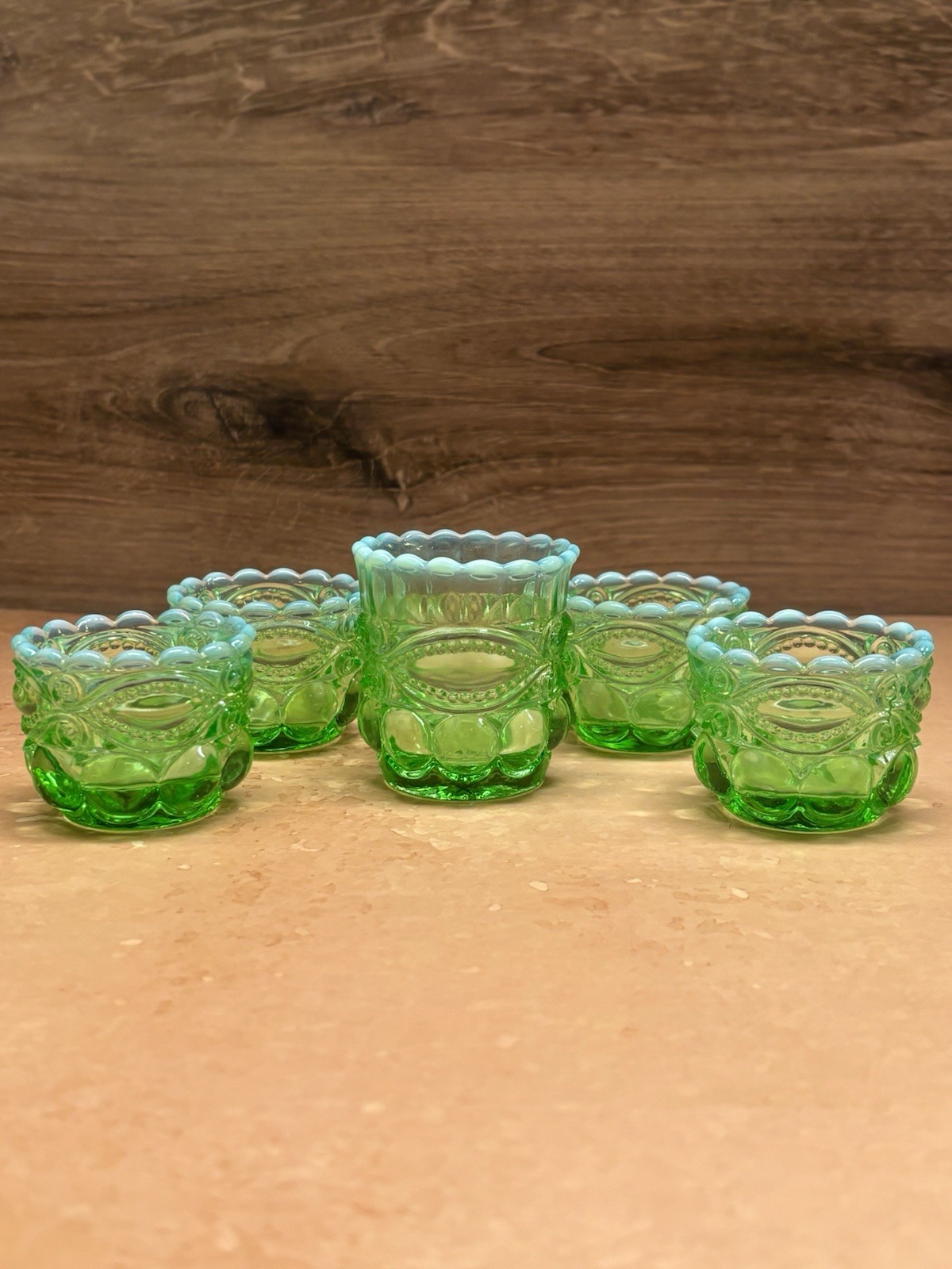 Vintage Mosser Glass Eye Winker Green Opal Toothpick Holder & Salt Dips 5pc Set