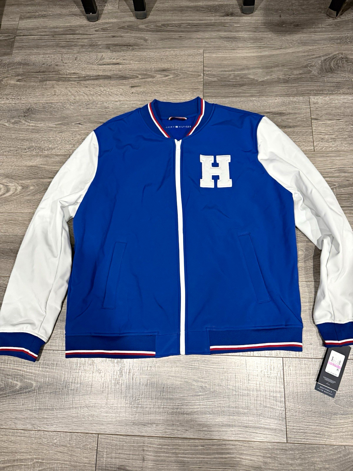 Tommy Hilfiger Men\'s Blue/White Varsity Jacket XXL Full Zip Water Resistant