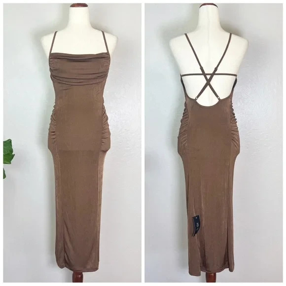 NA-KD X Lauren Lewis Women\'s Size S Brown Open Back Bodycon Midi Jersey Dress