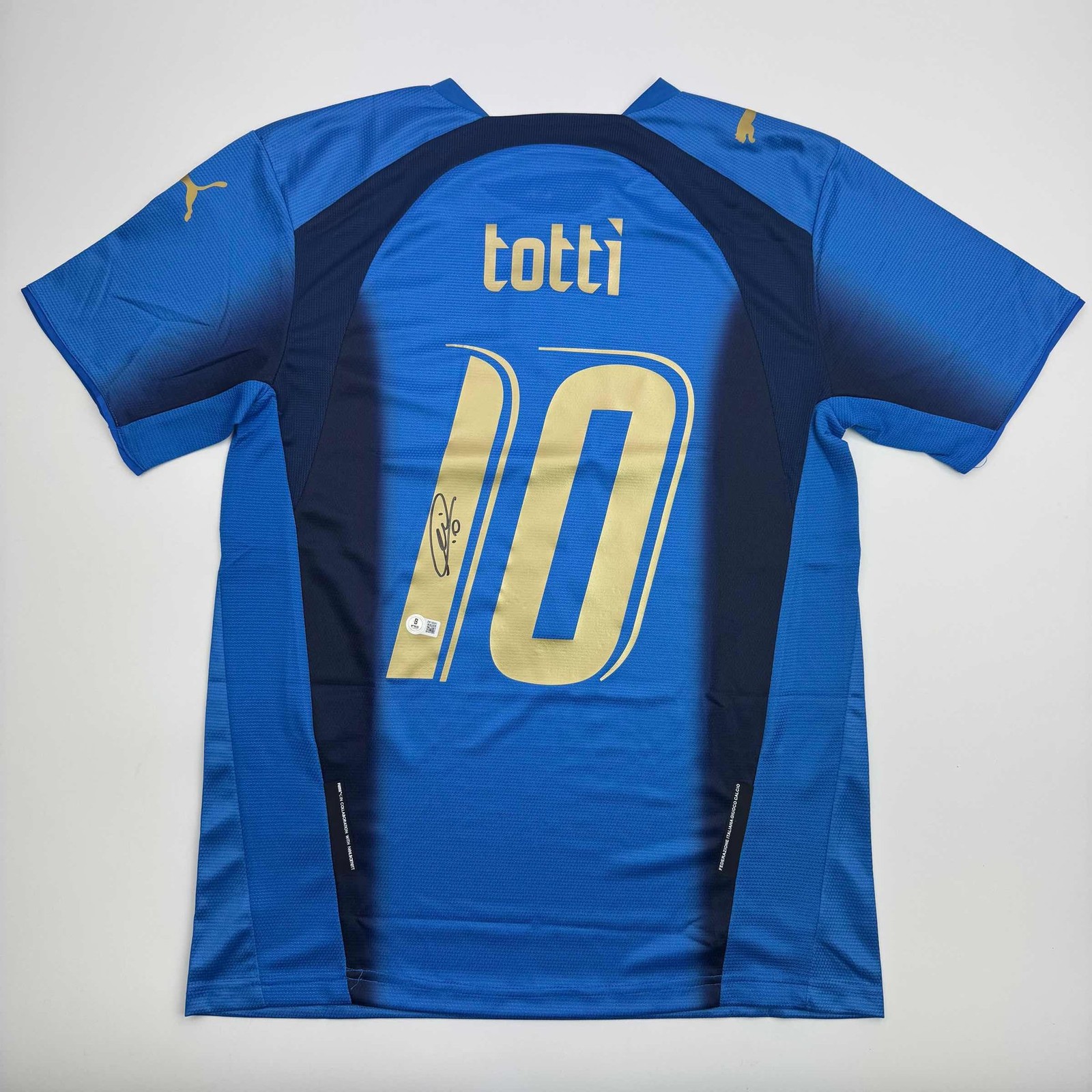 Autographed/Signed Francesco Totti Italy Blue Futbol Jersey Beckett BAS COA